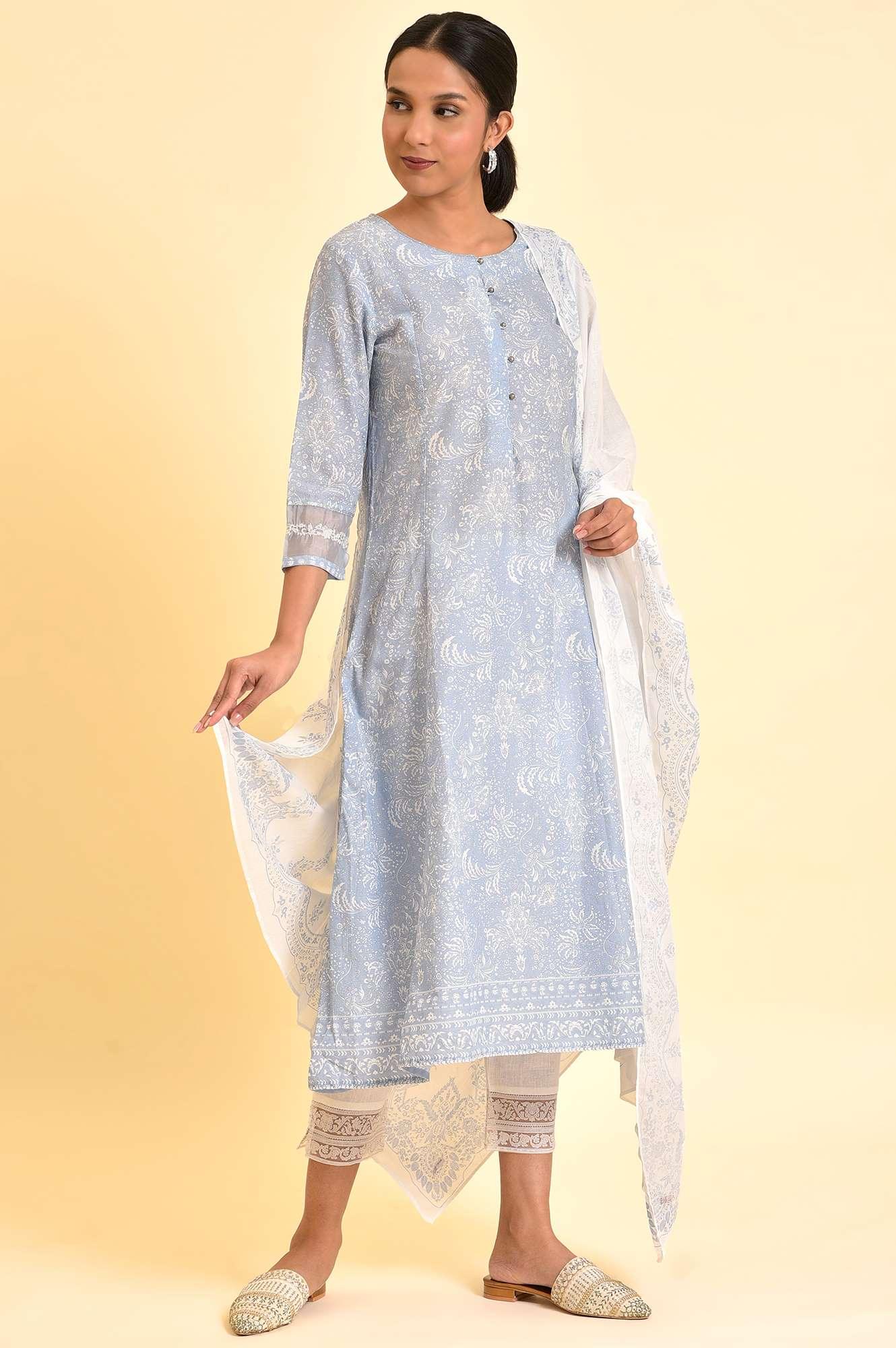 Skyway Blue Printed A-Line Kurta, Pants And Dupatta Set - Image 5