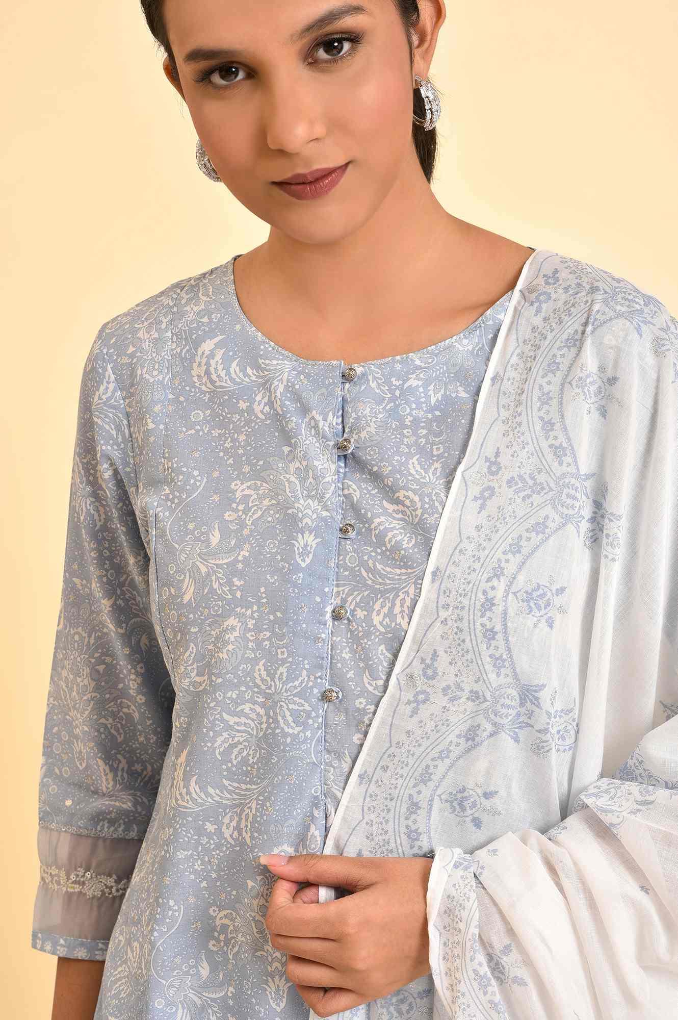 Skyway Blue Printed A-Line Kurta, Pants And Dupatta Set - Image 6