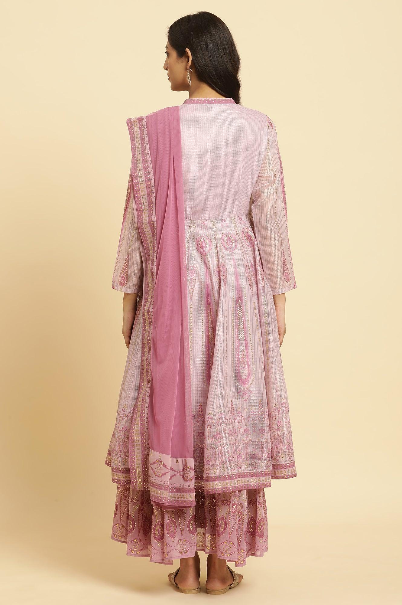 Soft Pink Panelled Layered Gown And Dupatta Set - Image 4