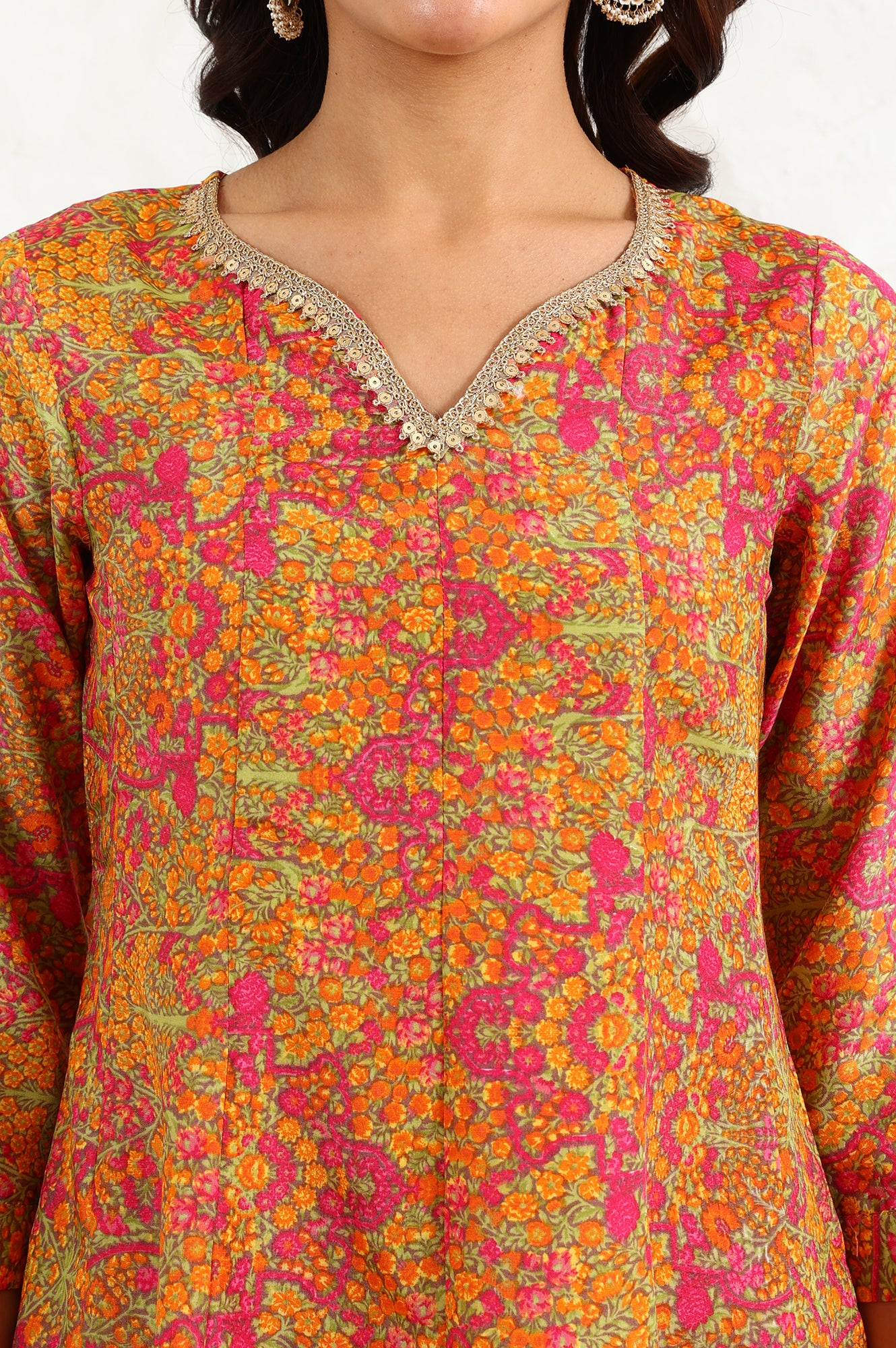 Taupe Floral Printed Anarkali Festive Shantung Kurta - Image 3