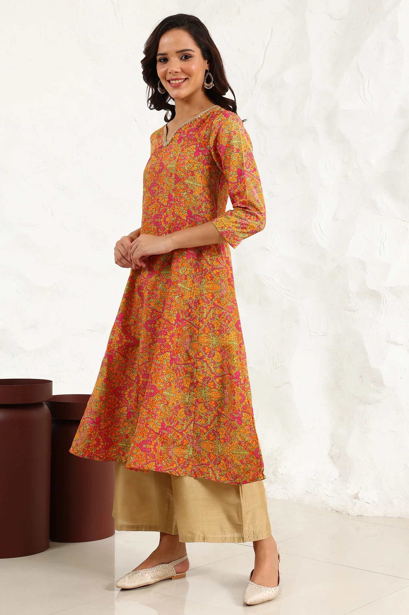 Taupe Floral Printed Anarkali Festive Shantung Kurta - Image 4