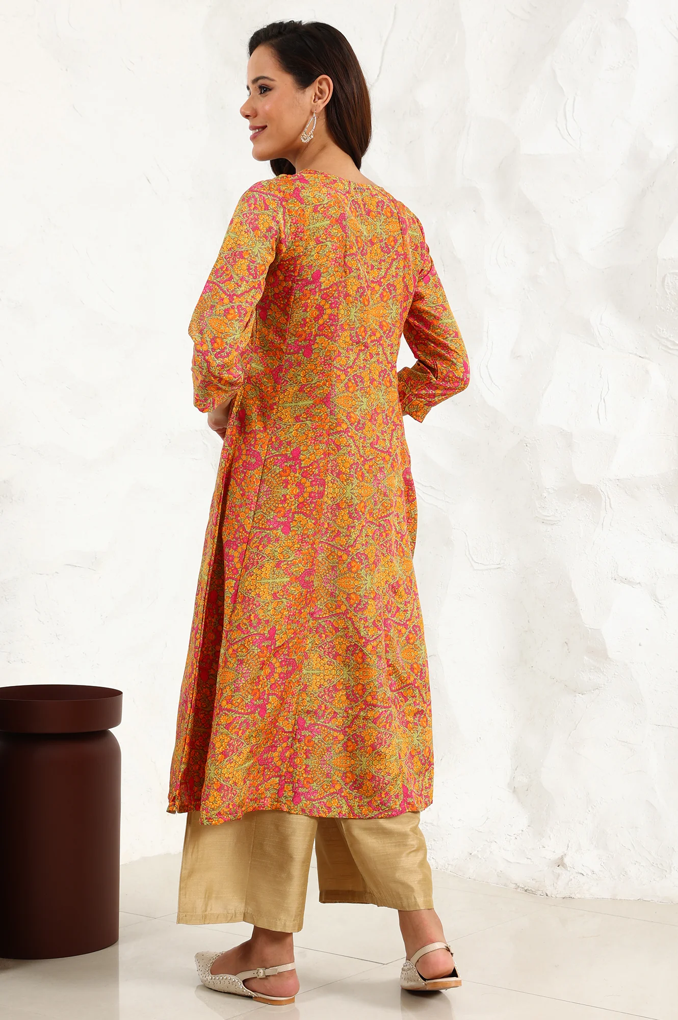 Taupe Floral Printed Anarkali Festive Shantung Kurta - Image 5