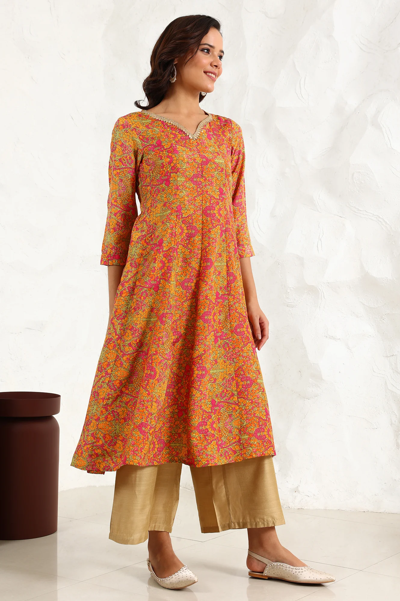 Taupe Floral Printed Anarkali Festive Shantung Kurta - Image 6