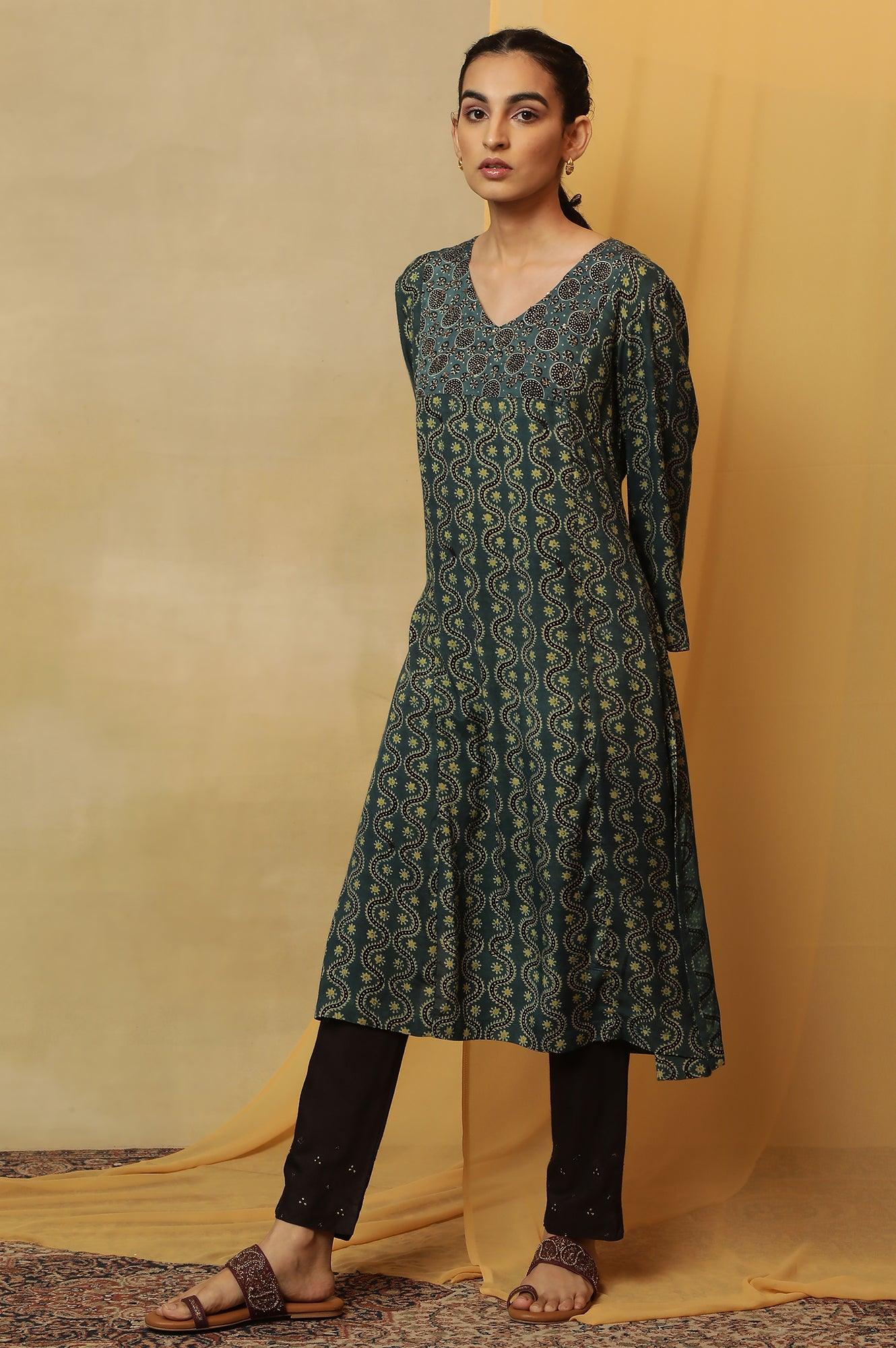 Teal Blue Ajrakh Print Kurta - Image 3