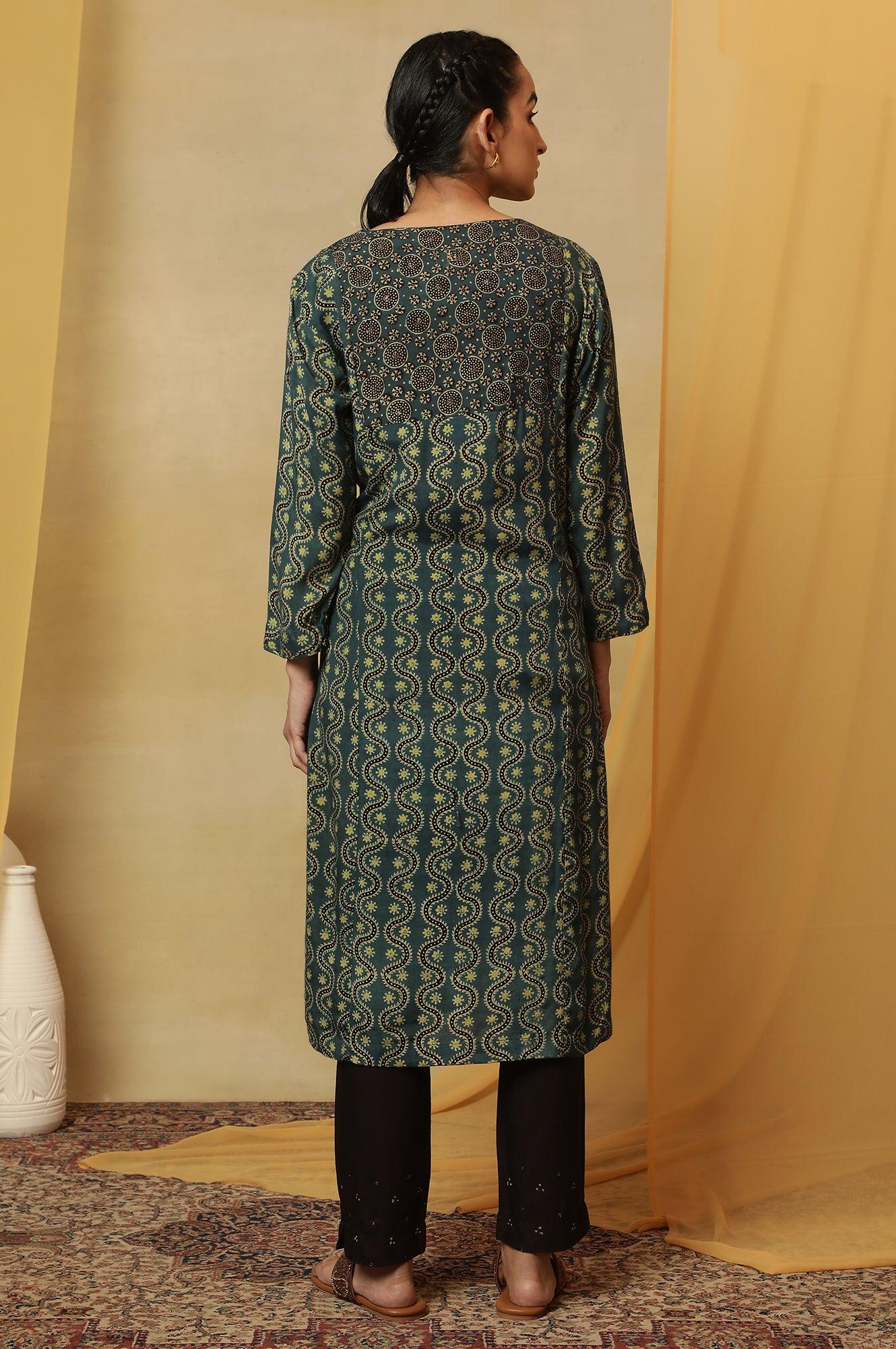 Teal Blue Ajrakh Print Kurta - Image 4