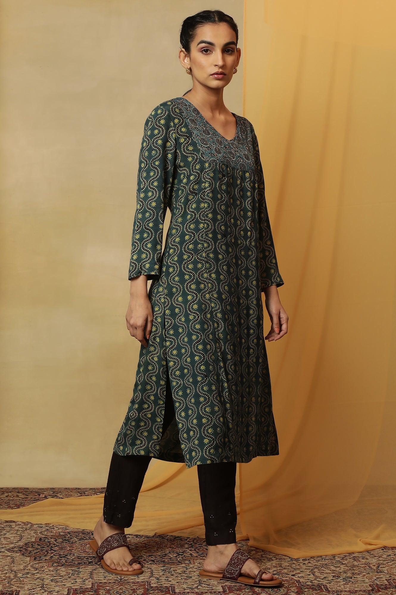 Teal Blue Ajrakh Print Kurta - Image 5