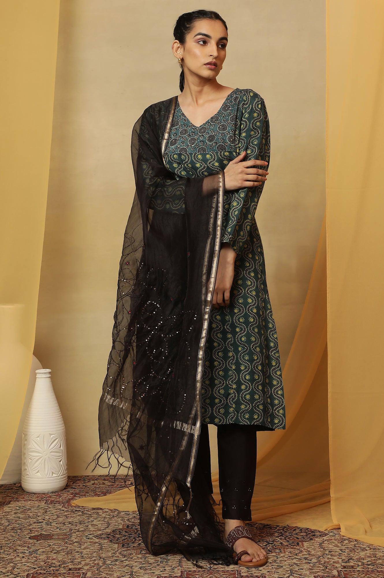 Teal Blue Ajrakh Print Kurta - Image 6