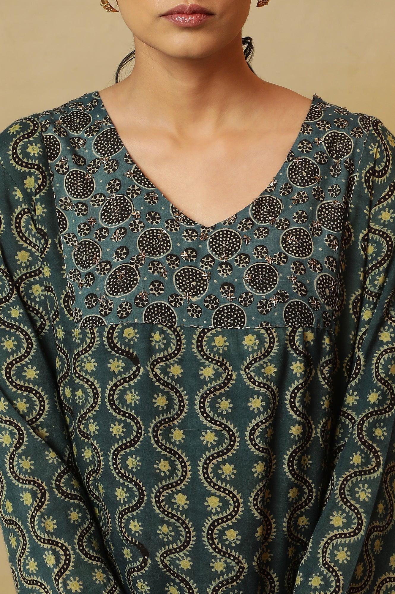 Teal Blue Ajrakh Print Kurta - Image 7