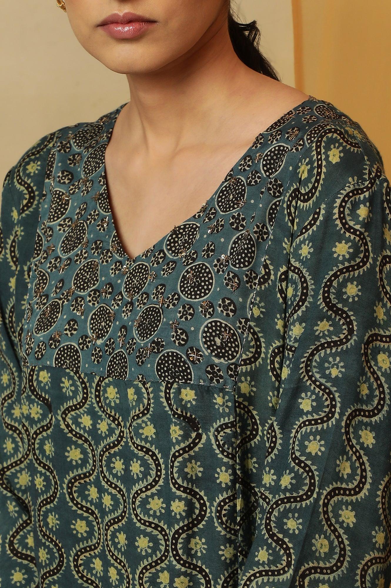 Teal Blue Ajrakh Print Kurta - Image 8