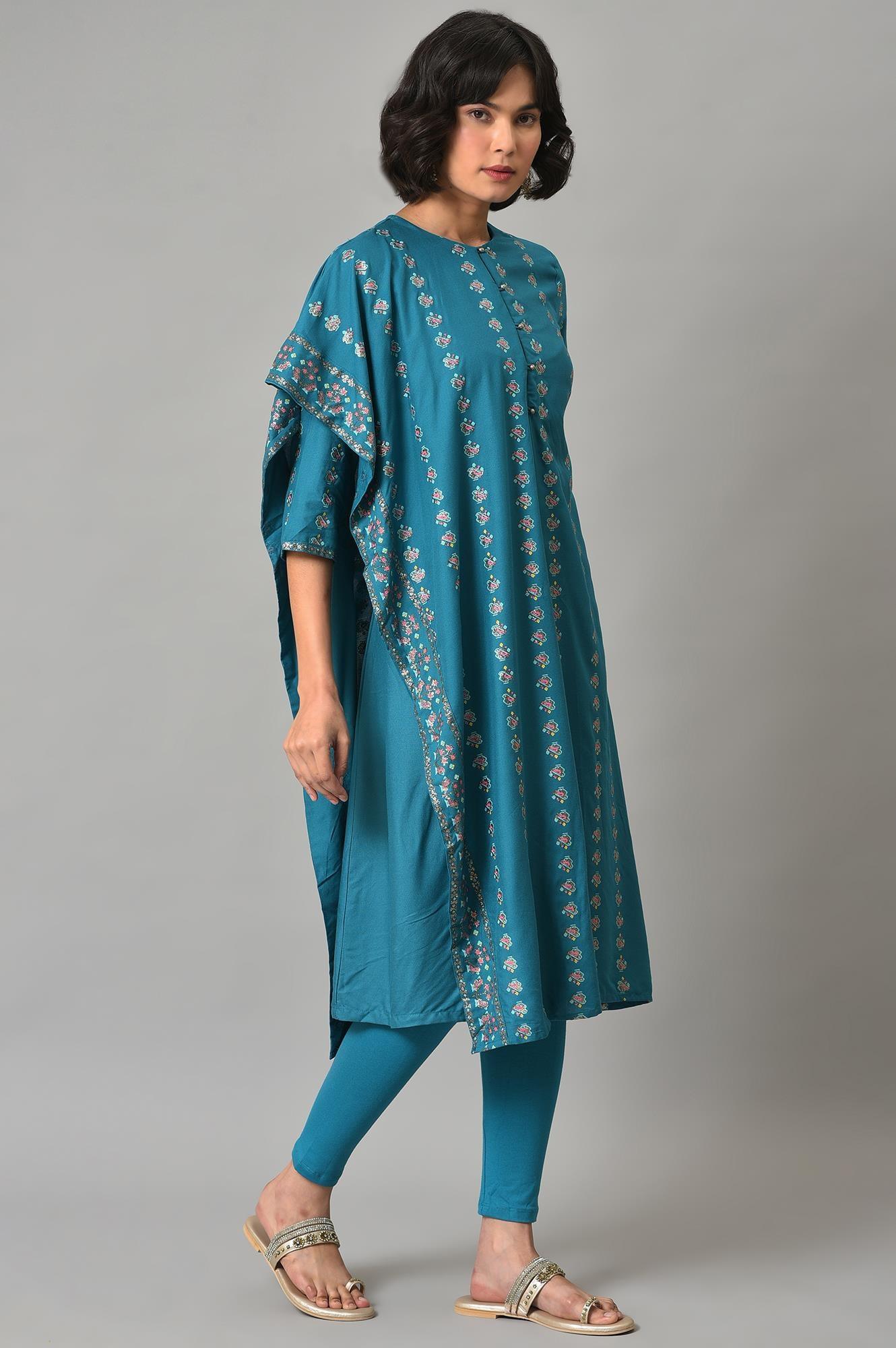 Teal Blue Saree Style kurta With Tights - Image 4