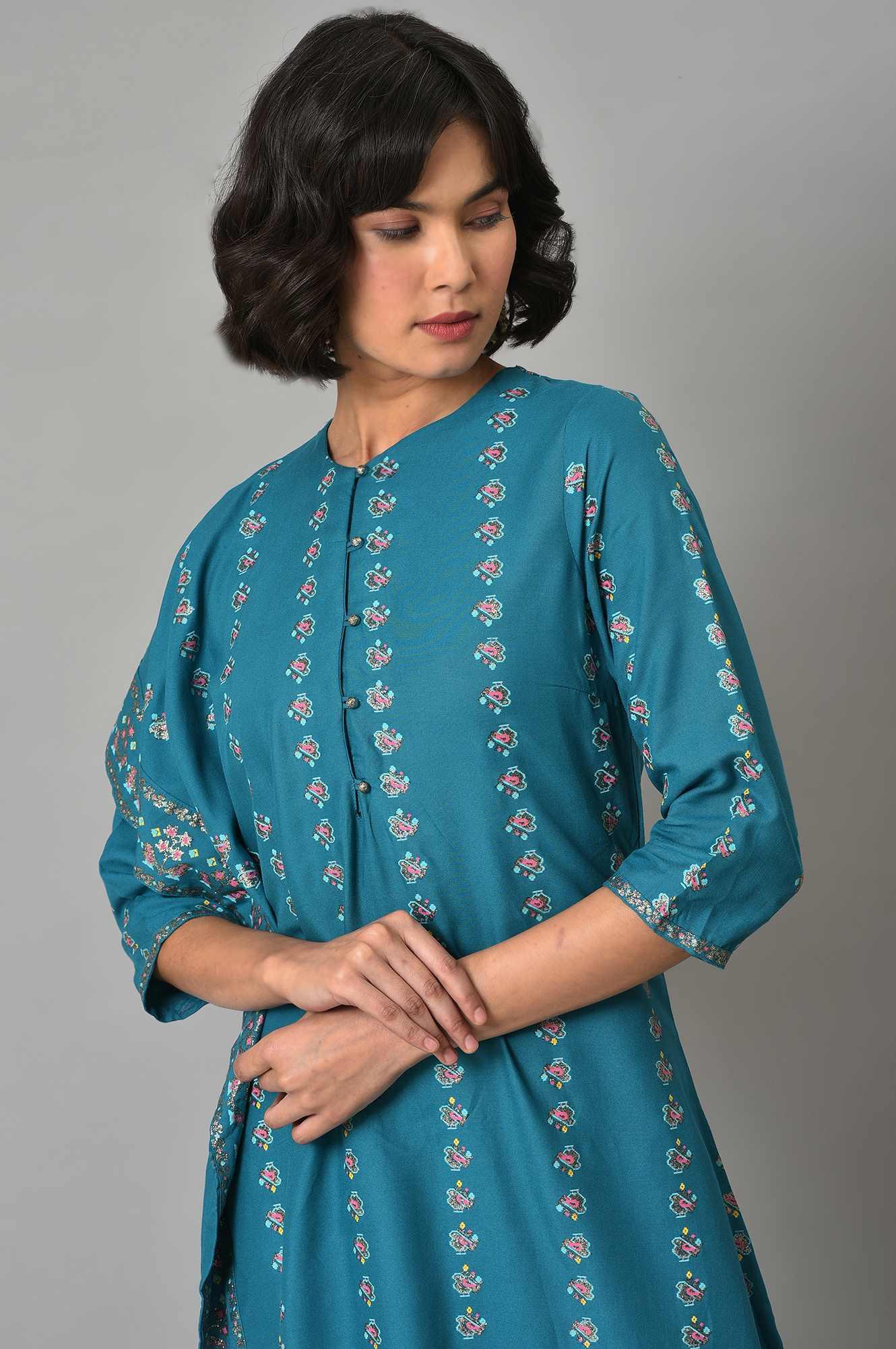 Teal Blue Saree Style kurta With Tights - Image 5