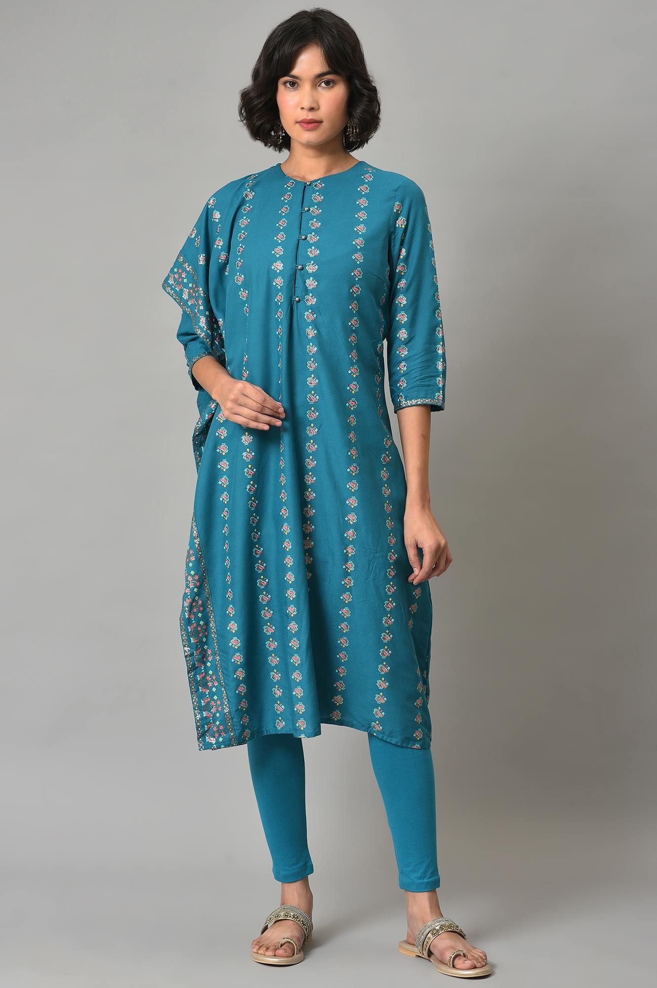 Teal Blue Saree Style kurta With Tights - Image 8