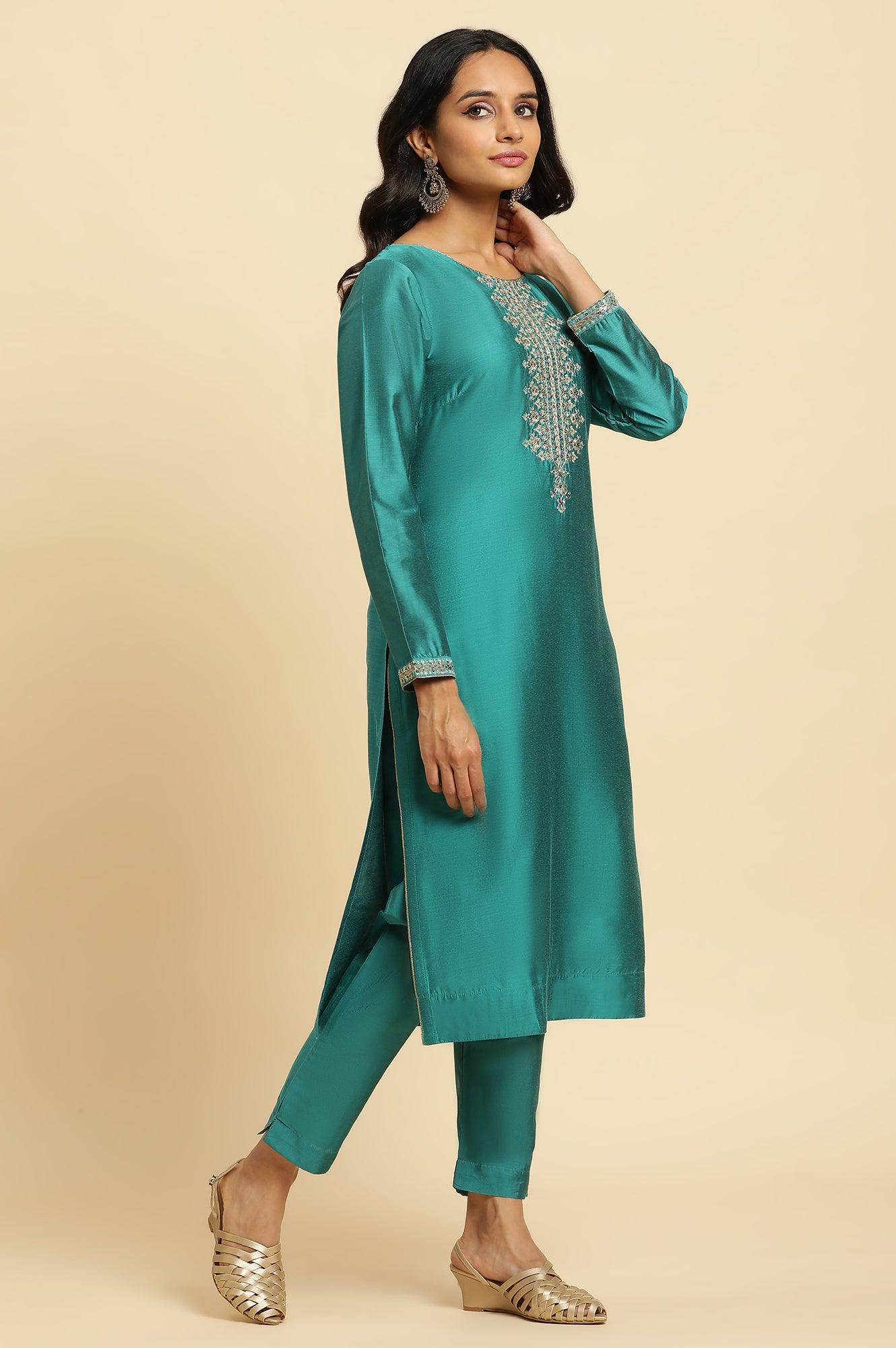 Teal Blue Zari Embroidered Straight Kurta, Pant And Dupatta Set - Image 3