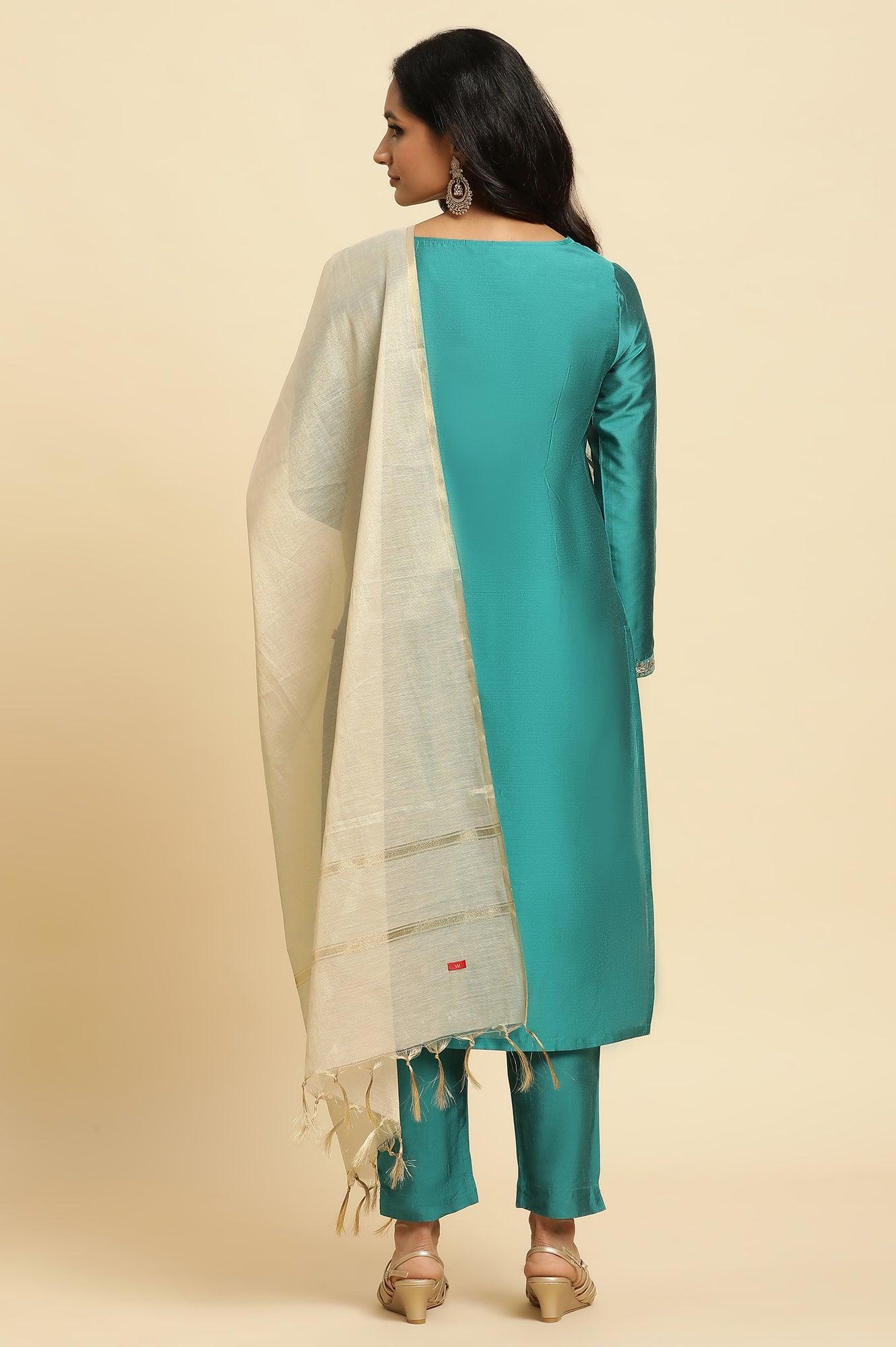 Teal Blue Zari Embroidered Straight Kurta, Pant And Dupatta Set - Image 4