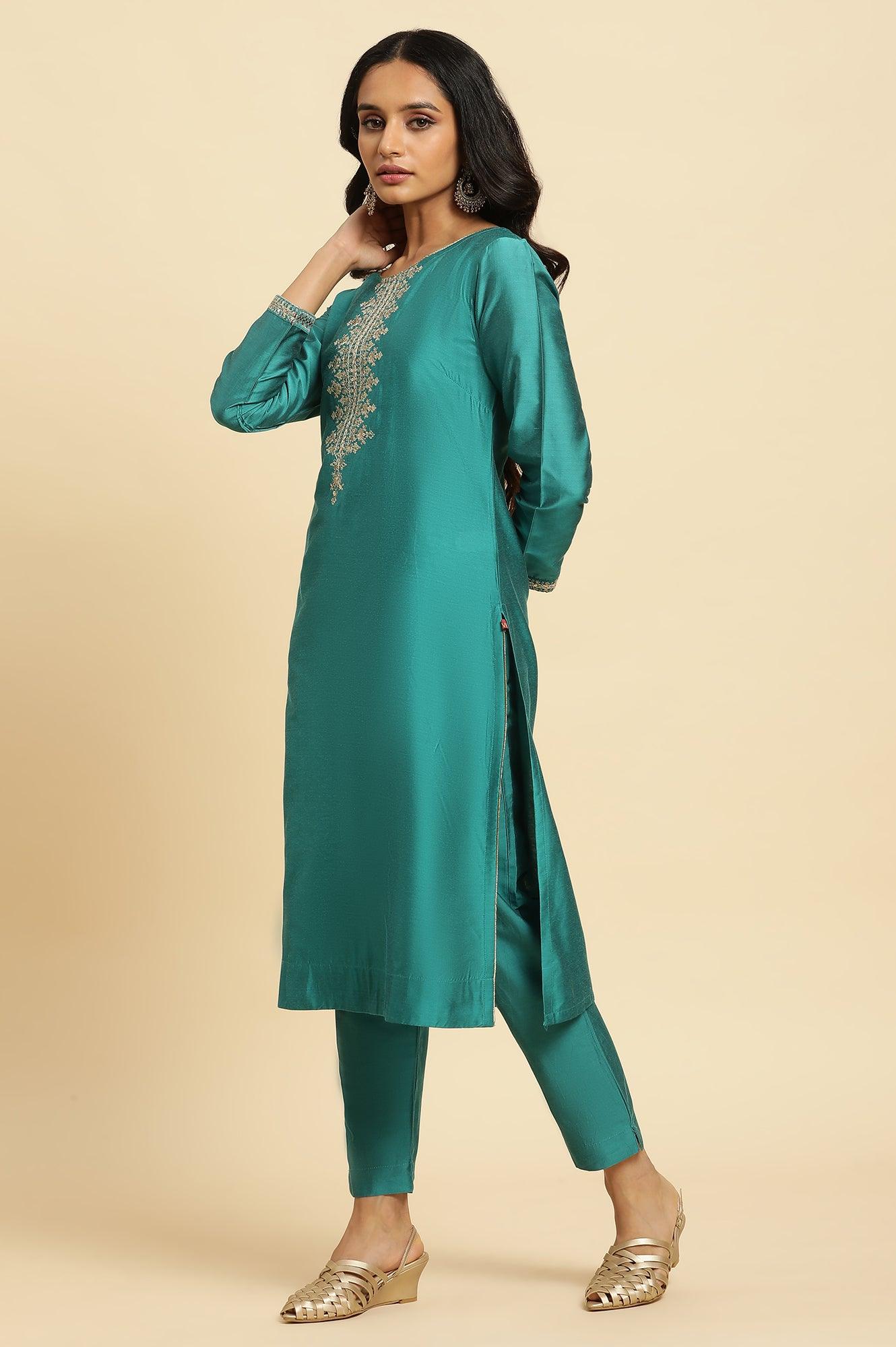Teal Blue Zari Embroidered Straight Kurta, Pant And Dupatta Set - Image 5