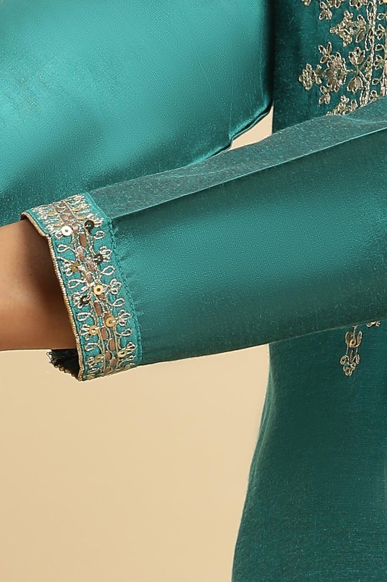 Teal Blue Zari Embroidered Straight Kurta, Pant And Dupatta Set - Image 7