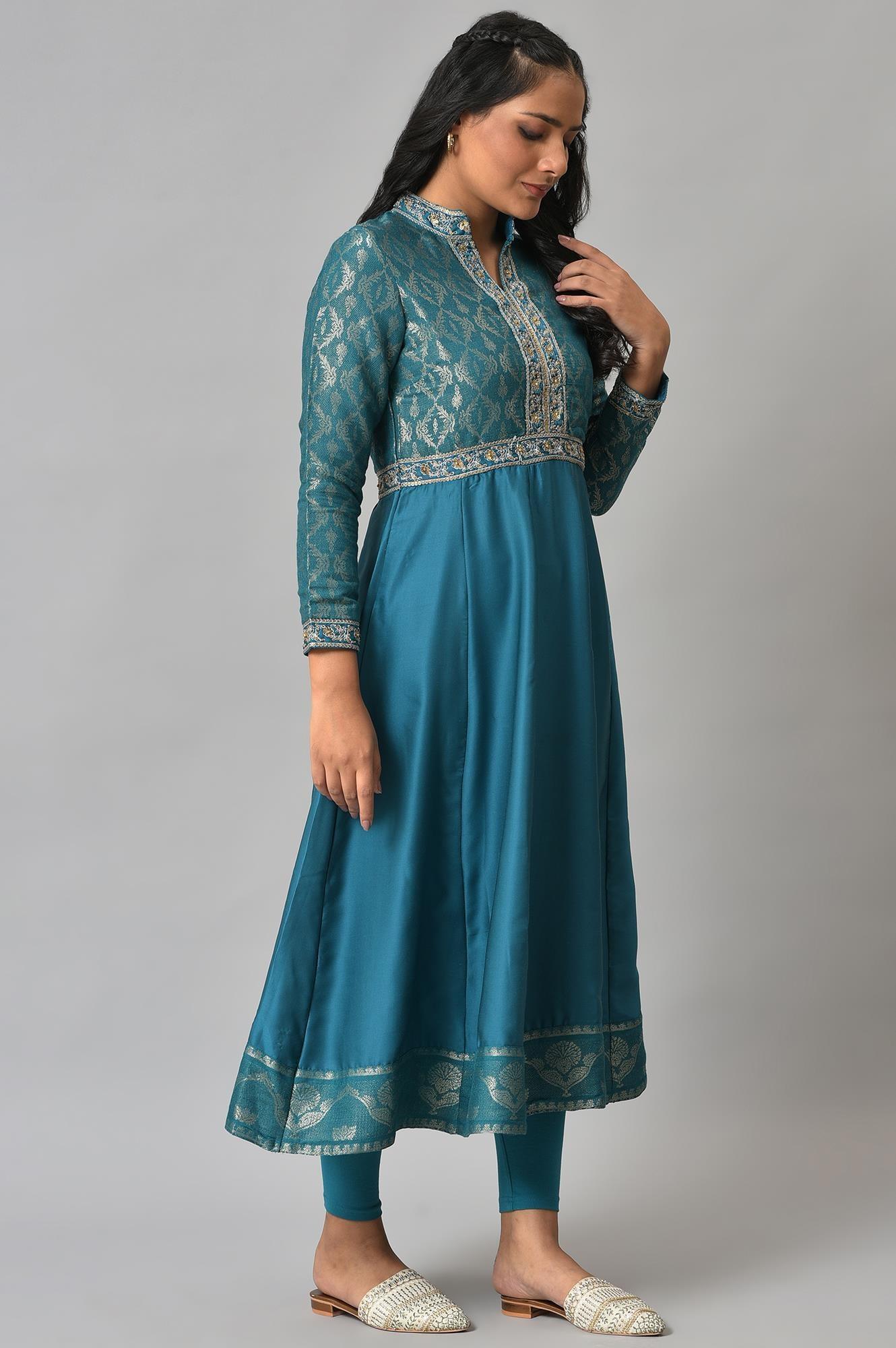 Teal Embroidered Anarkali Mughal Gown With Tights - Image 5