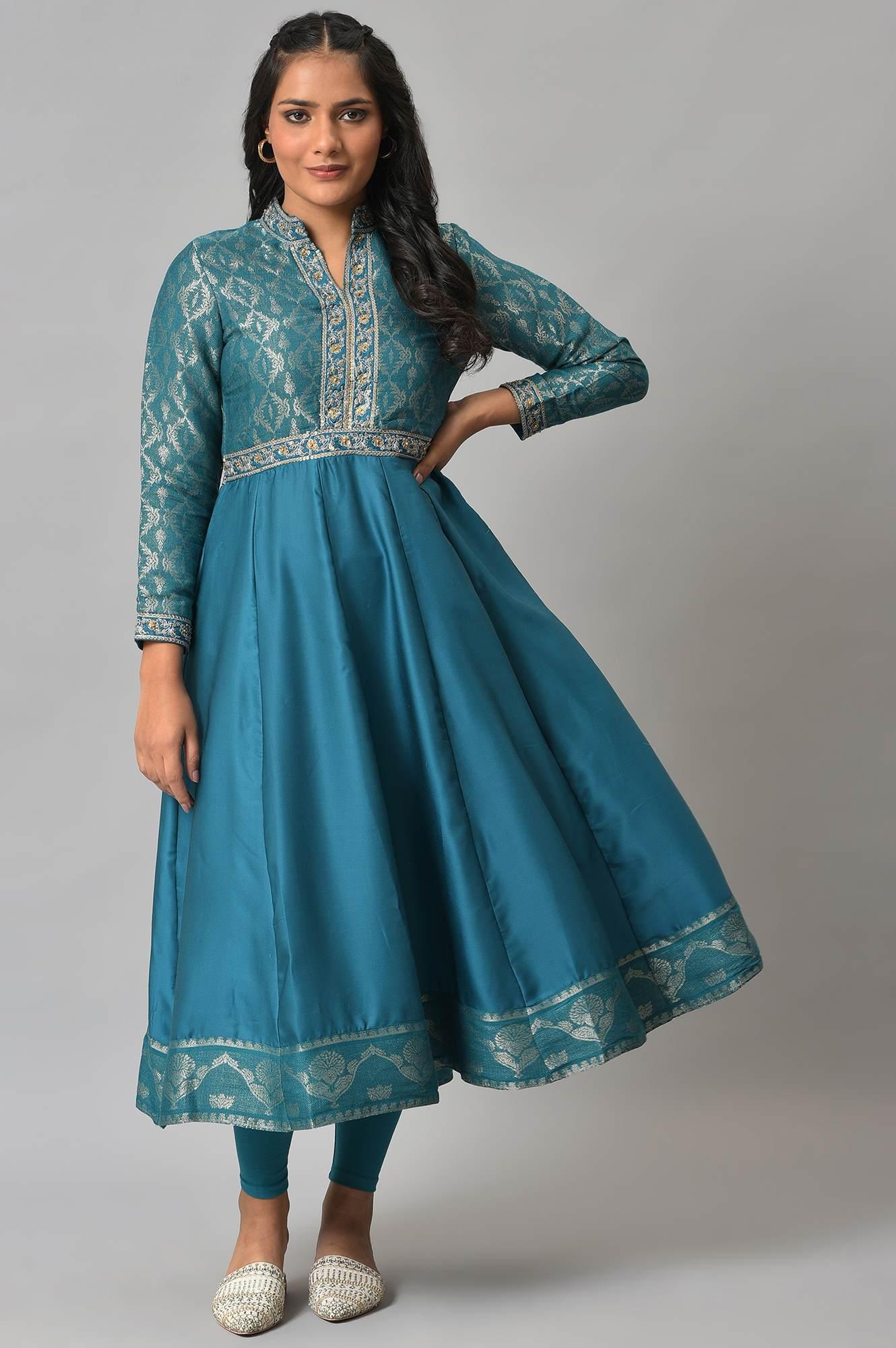 Teal Embroidered Anarkali Mughal Gown With Tights - Image 9