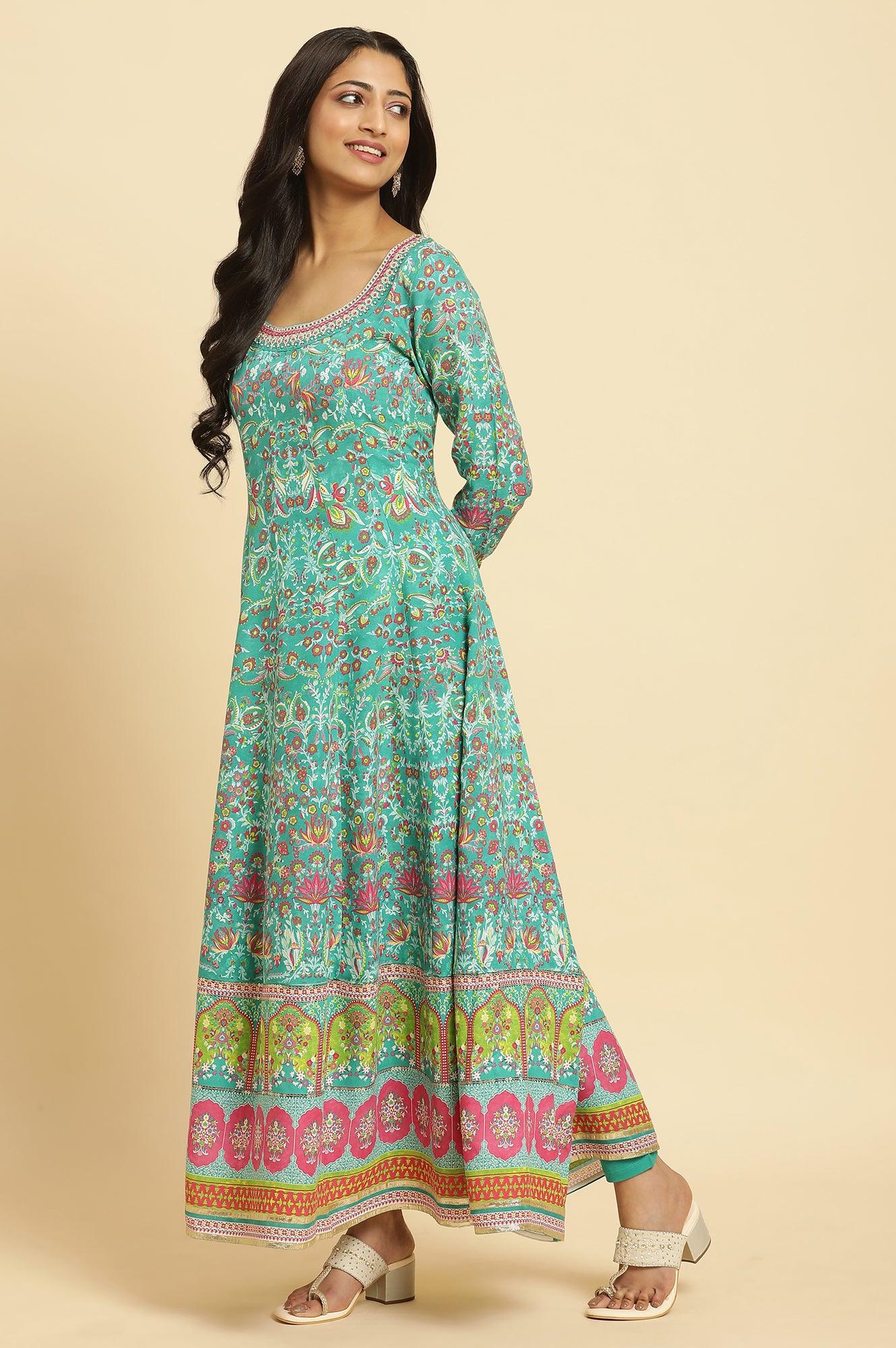 Teal Green Anarkali Printed Kurta, Tights And Dupatta Set - Image 4