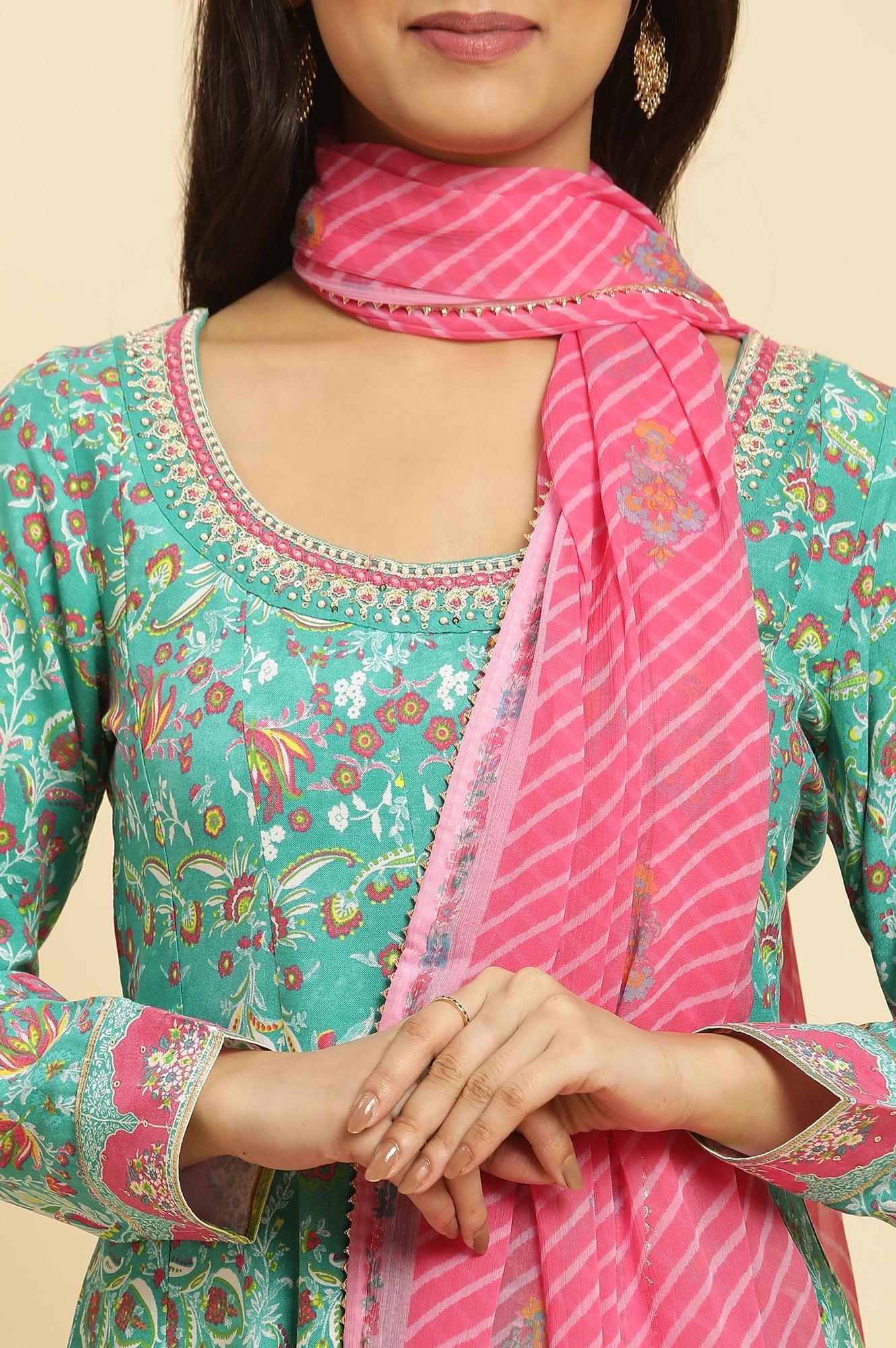 Teal Green Anarkali Printed Kurta, Tights And Dupatta Set - Image 7