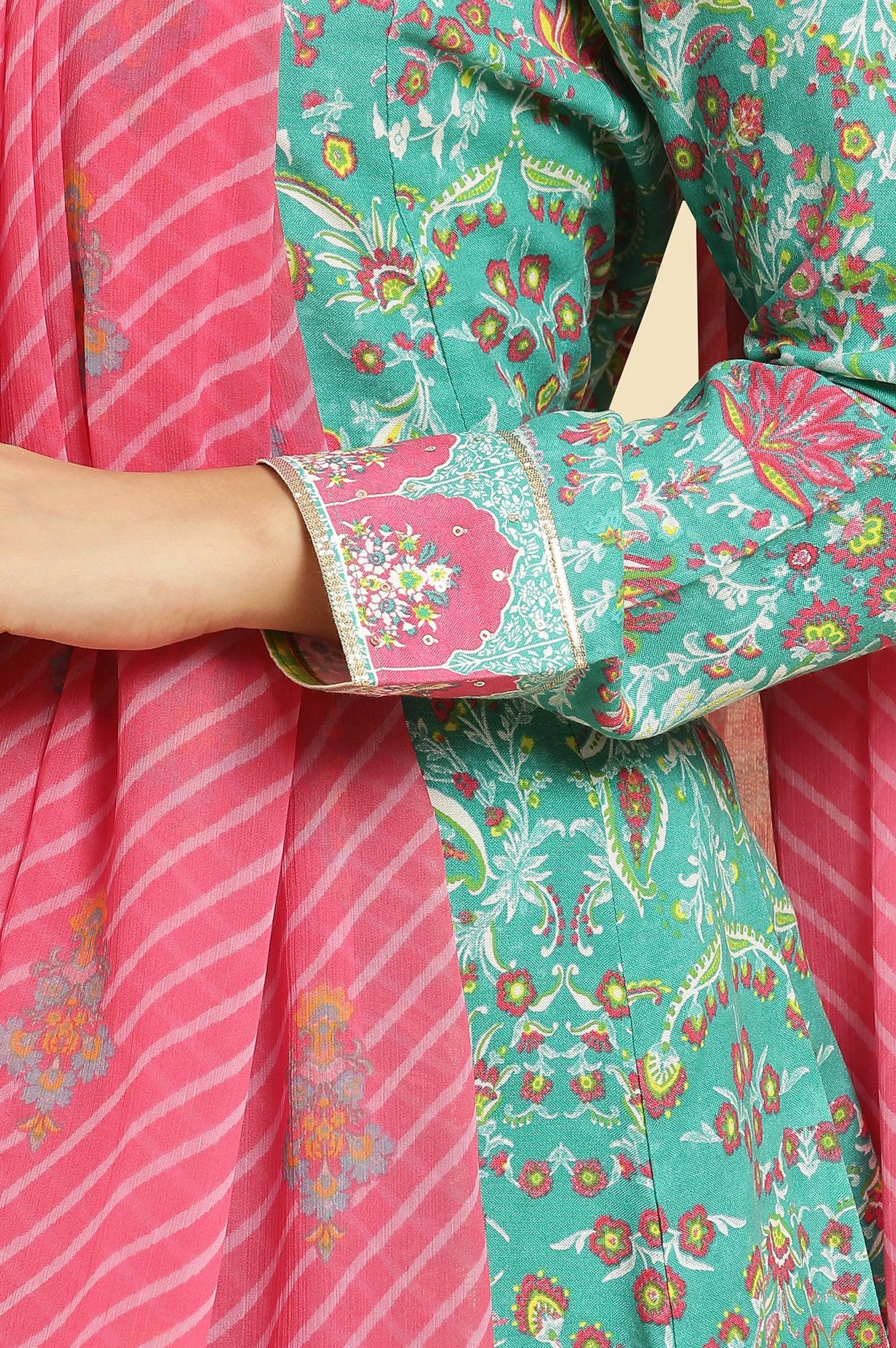 Teal Green Anarkali Printed Kurta, Tights And Dupatta Set - Image 8