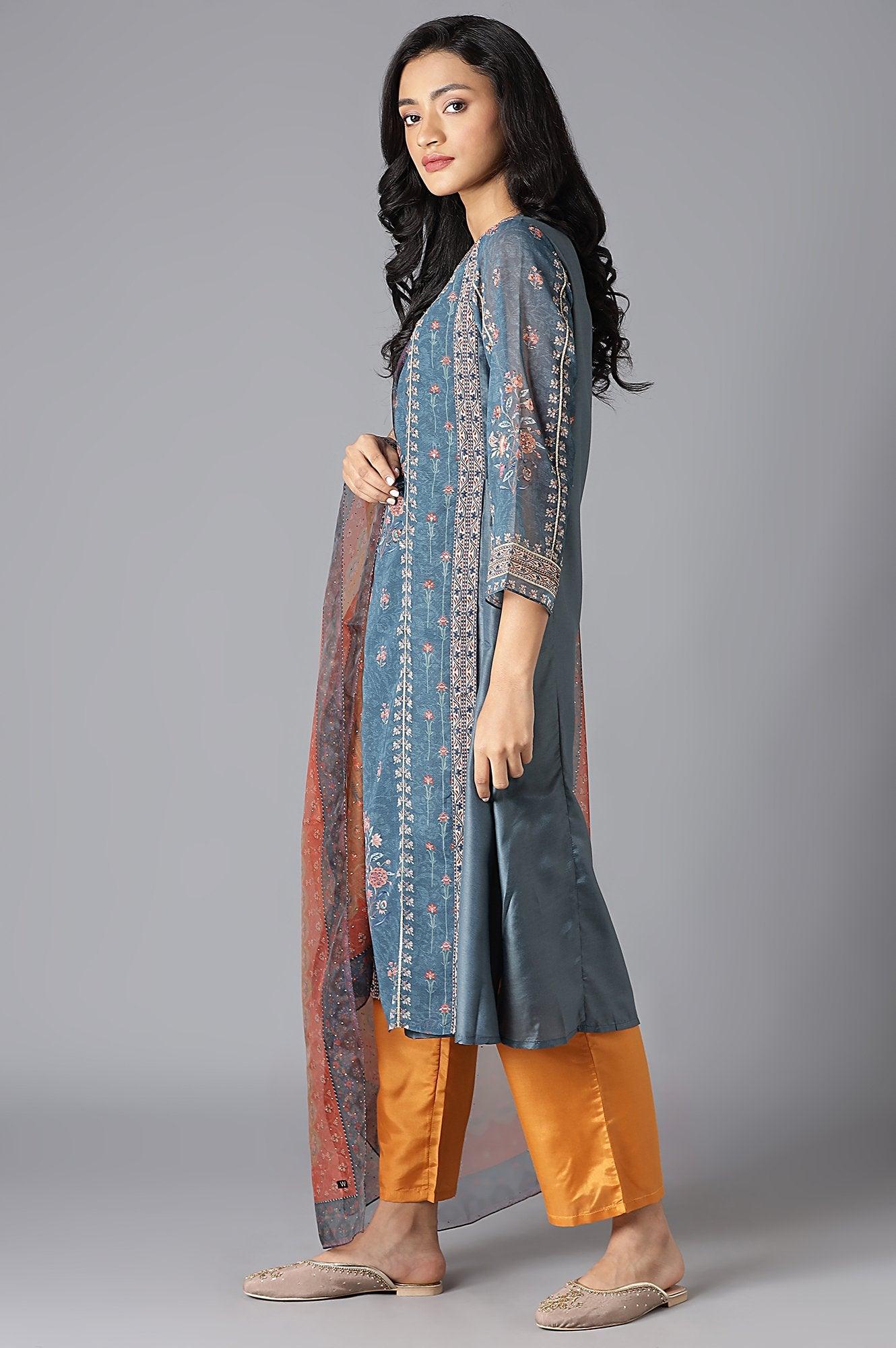 Teal Mock Layer kurta, Orange Parallel Pants And Dupatta Set - Image 3