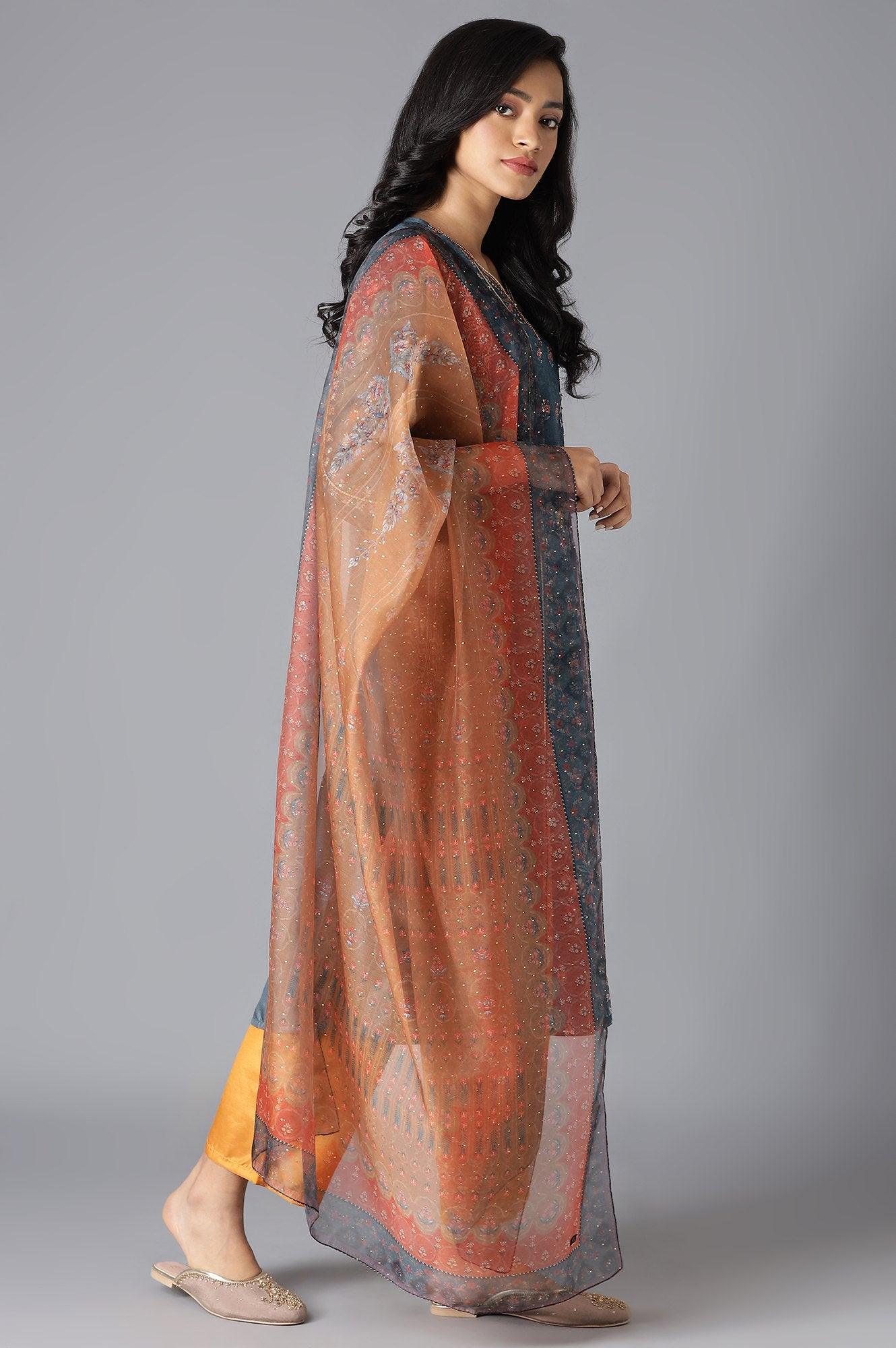 Teal Mock Layer kurta, Orange Parallel Pants And Dupatta Set - Image 4