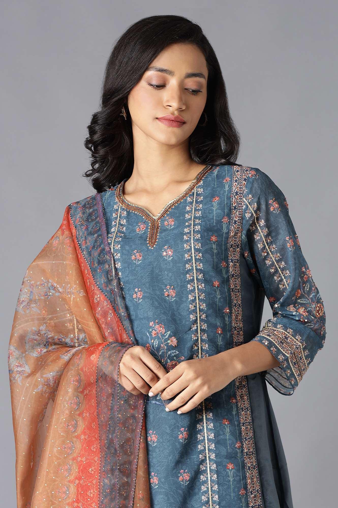 Teal Mock Layer kurta, Orange Parallel Pants And Dupatta Set - Image 5