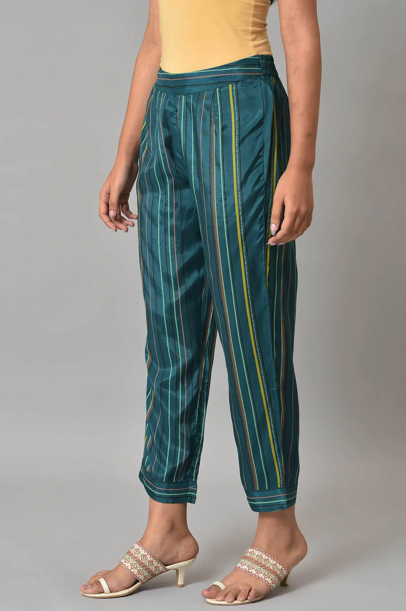 Teal Multi-Coloured Stripe Print Plus Size Pants - Image 3