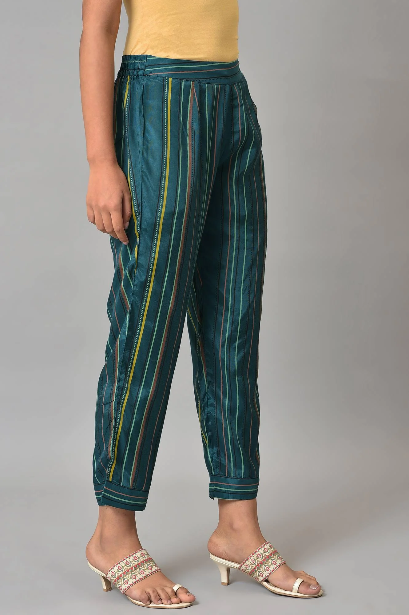Teal Multi-Coloured Stripe Print Plus Size Pants - Image 4