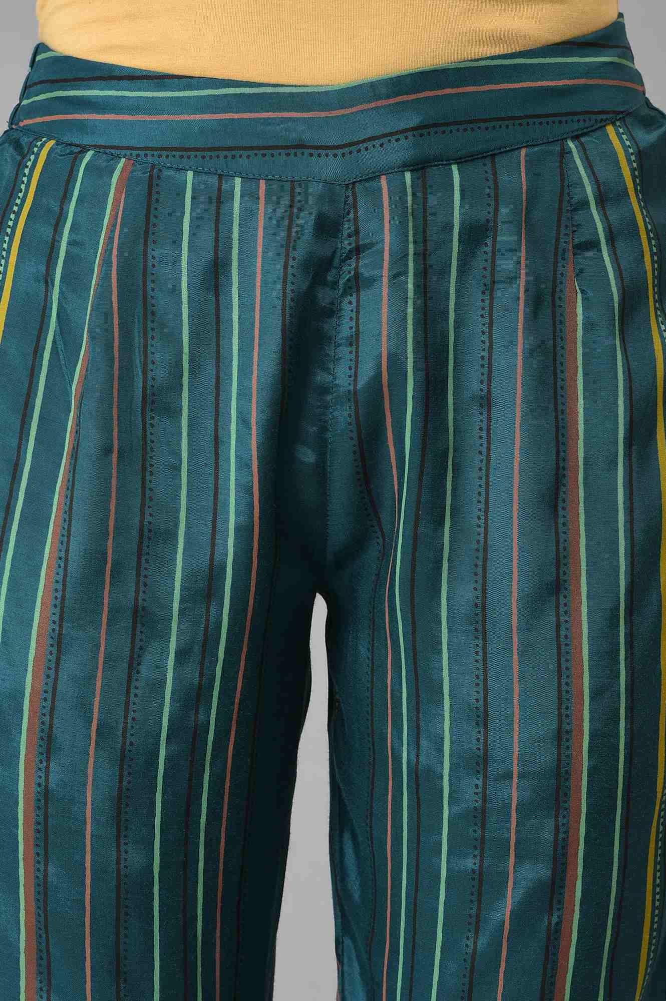 Teal Multi-Coloured Stripe Print Plus Size Pants - Image 6
