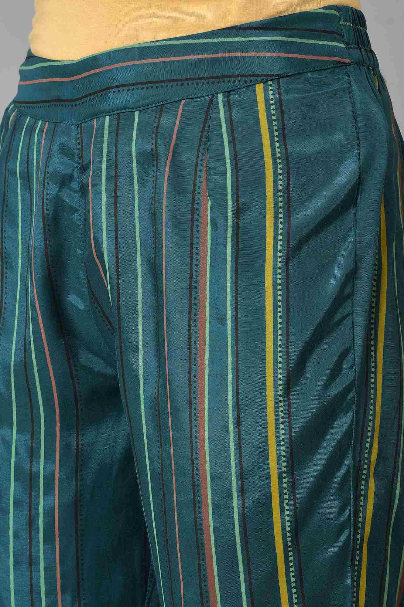 Teal Multi-Coloured Stripe Print Plus Size Pants - Image 7