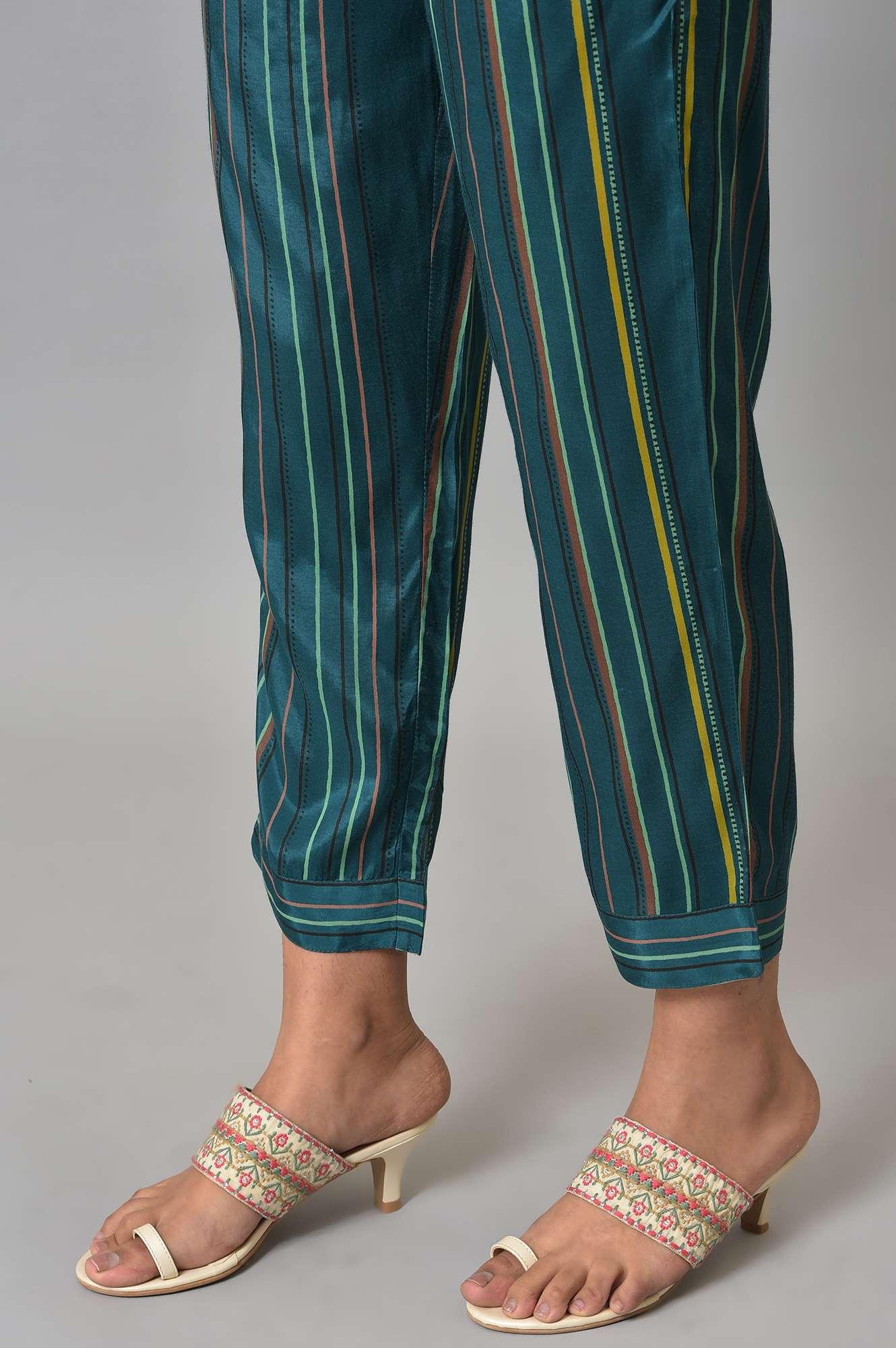 Teal Multi-Coloured Stripe Print Plus Size Pants - Image 8