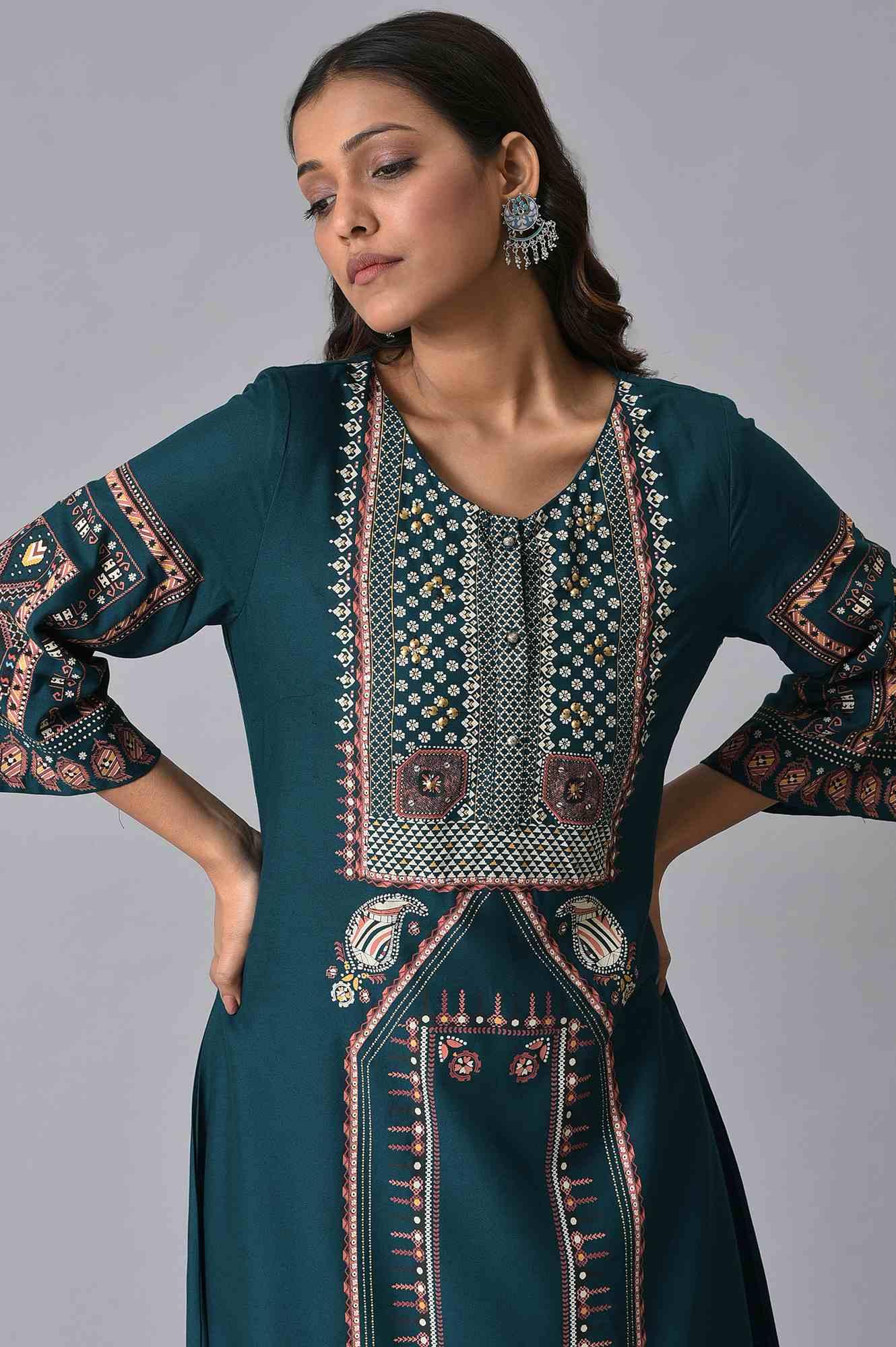 Teal Printed A-Line kurta Set - Image 5