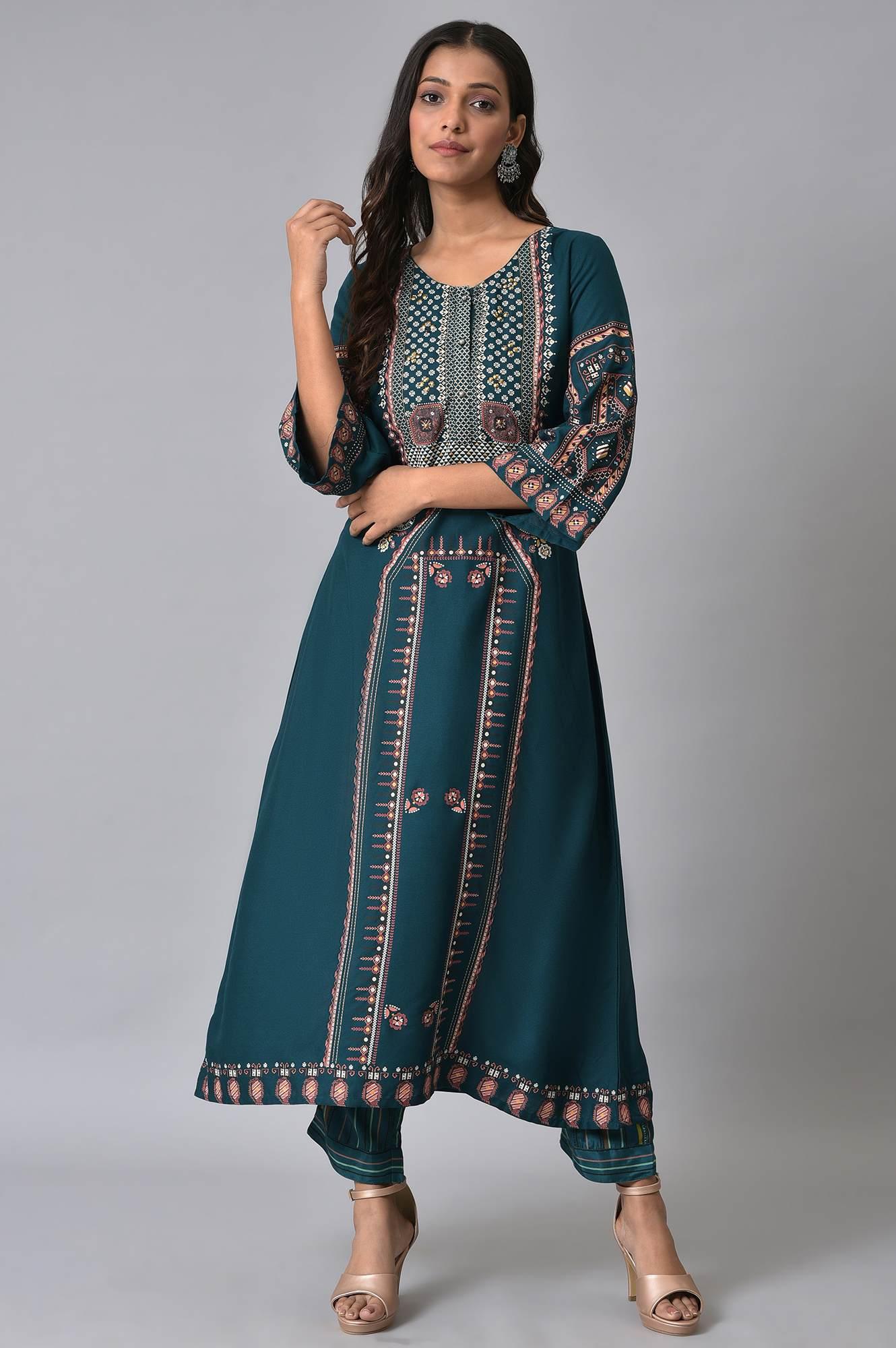 Teal Printed A-Line kurta Set - Image 9