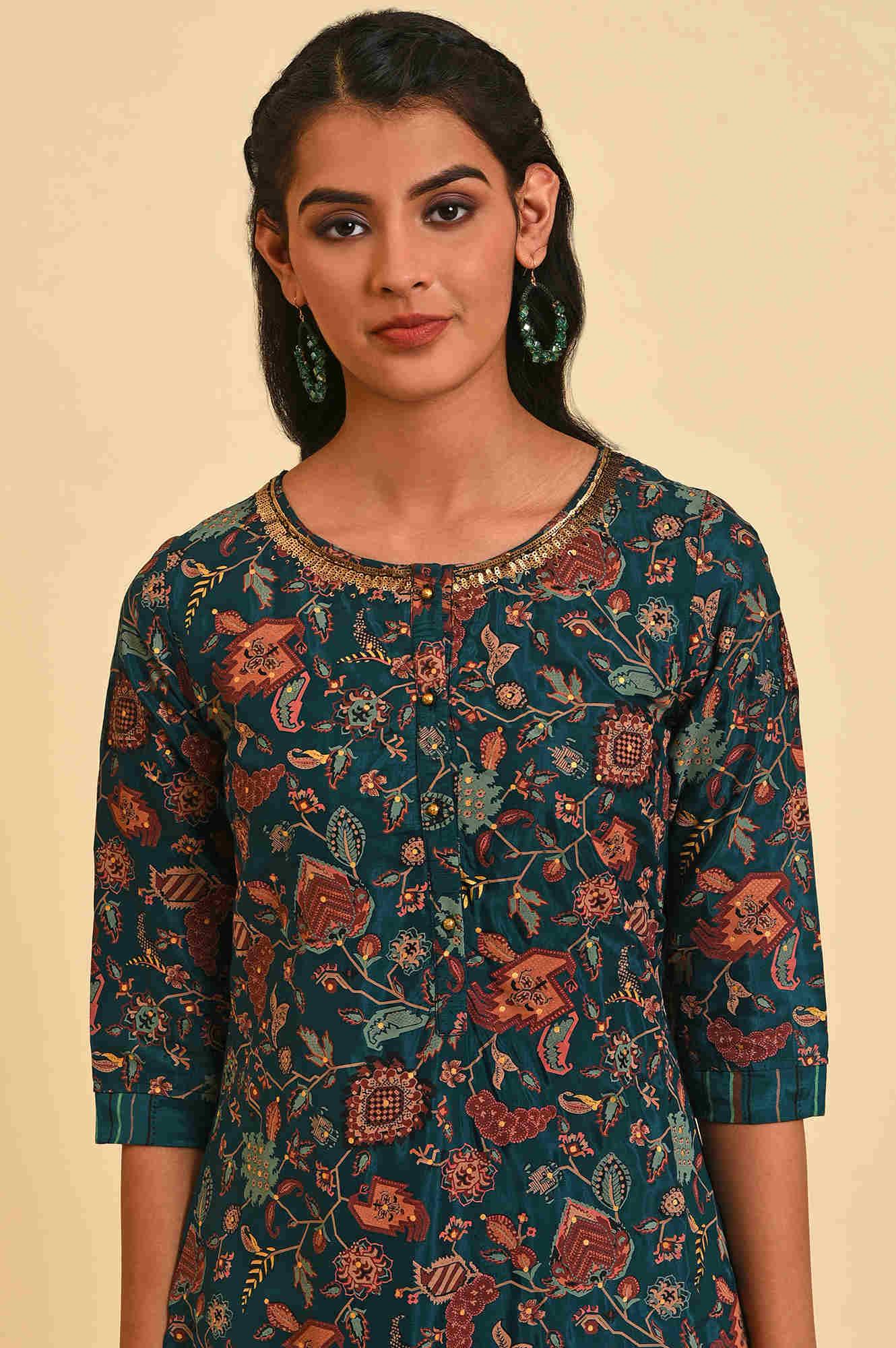 Teal Printed Embellished Neck Straight Plus Size kurta - Image 5