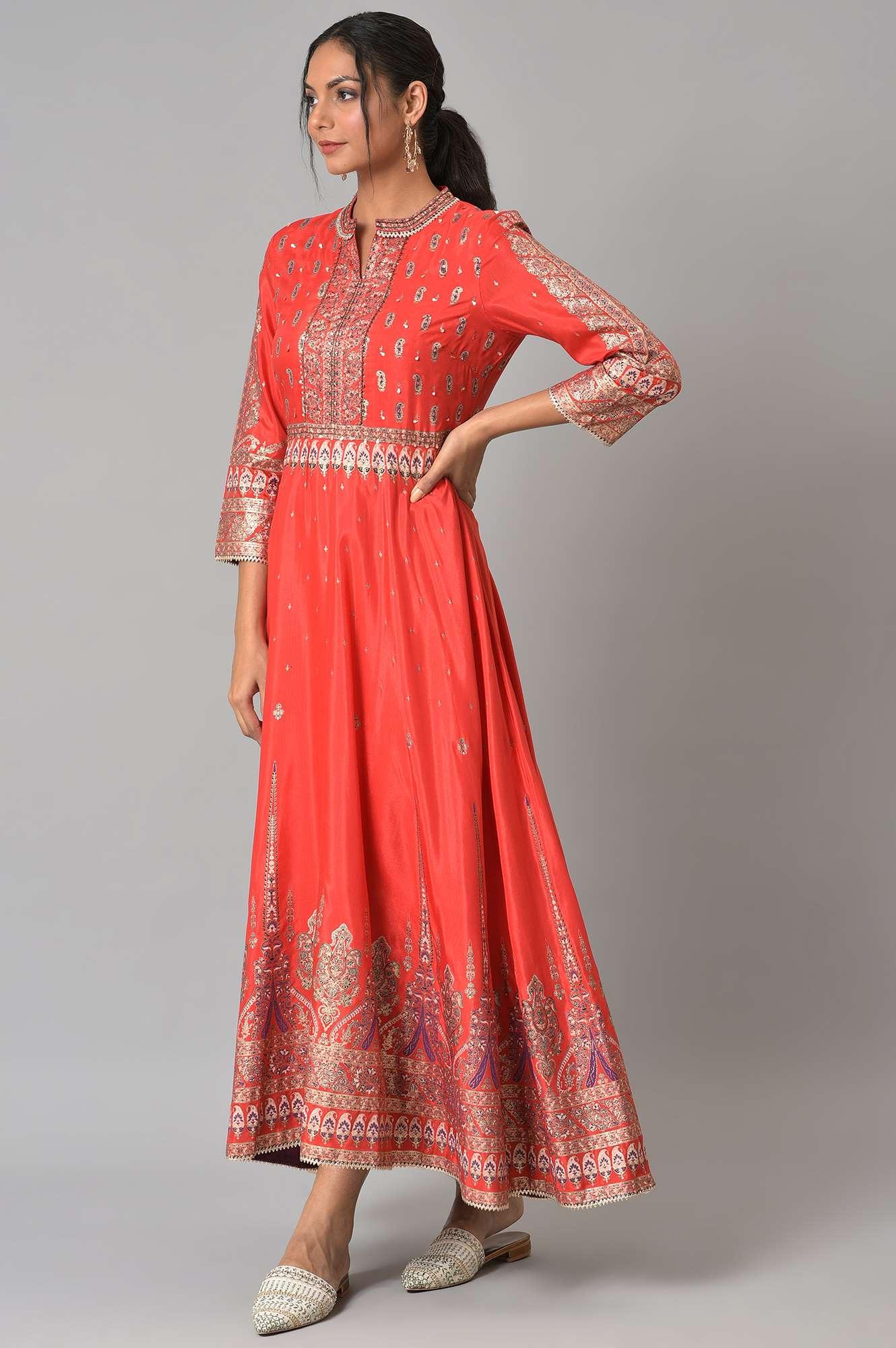 Tomato Red Festive Mughal Gown - Image 3