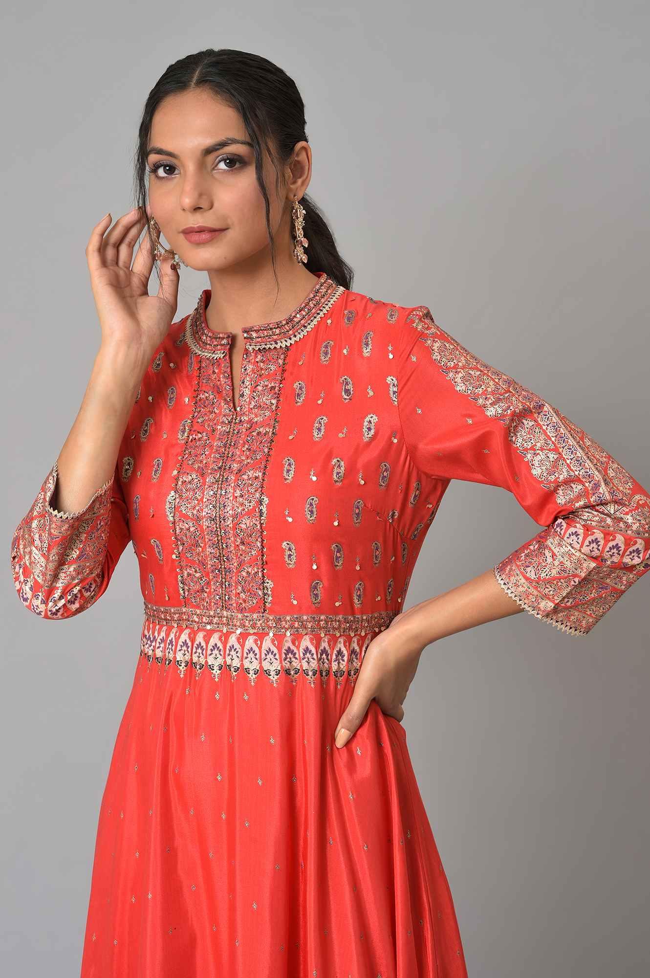Tomato Red Festive Mughal Gown - Image 5