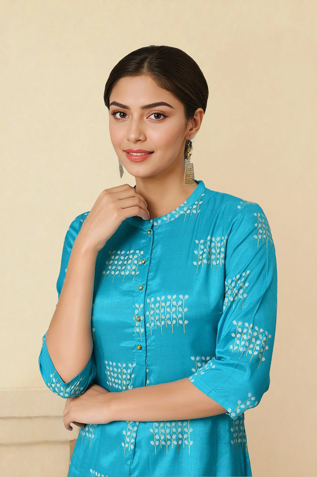 Turquoise Blue Geometric Printed Shantung Straight Kurta - Image 5