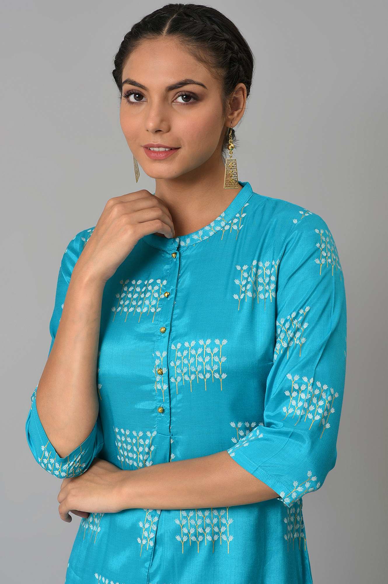 Turquoise Blue Geometric Printed Shantung Straight Kurta - Image 9