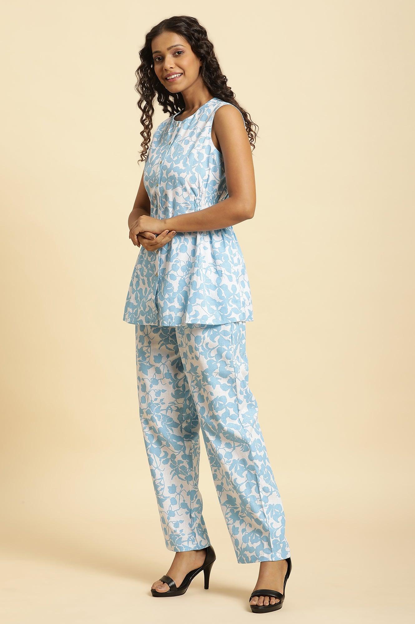 White And Blue Floral Printed Top And Pants Co-Ord Set - Image 3