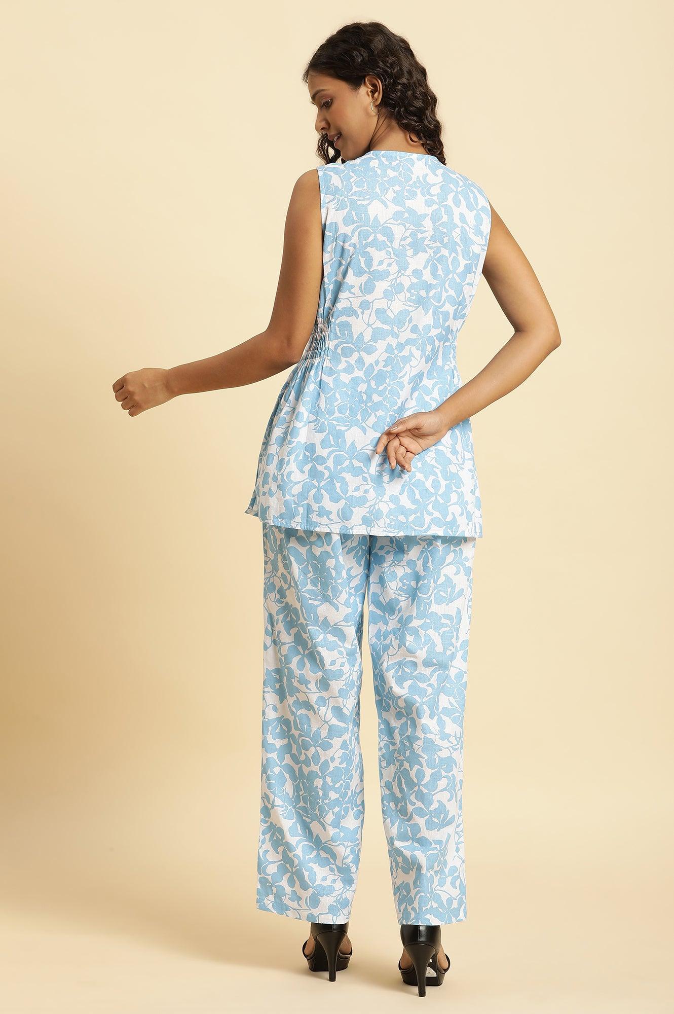 White And Blue Floral Printed Top And Pants Co-Ord Set - Image 4