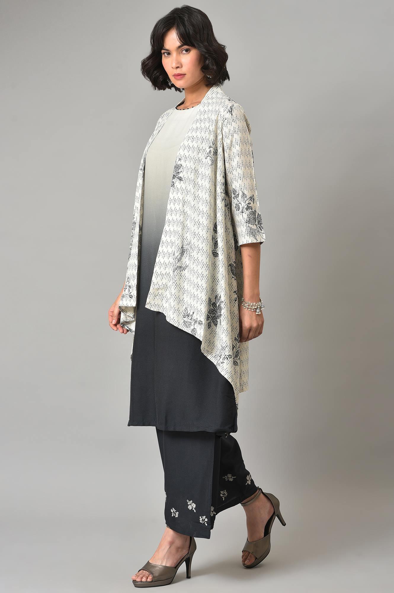 White And Deep Blue Ombre kurta With Printed Gillet And Parallel Pants - Image 3