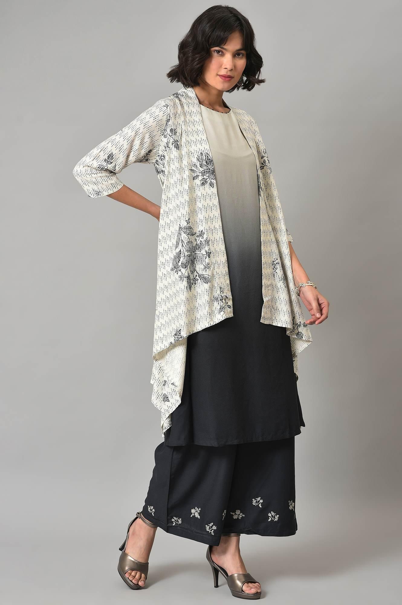 White And Deep Blue Ombre kurta With Printed Gillet And Parallel Pants - Image 4