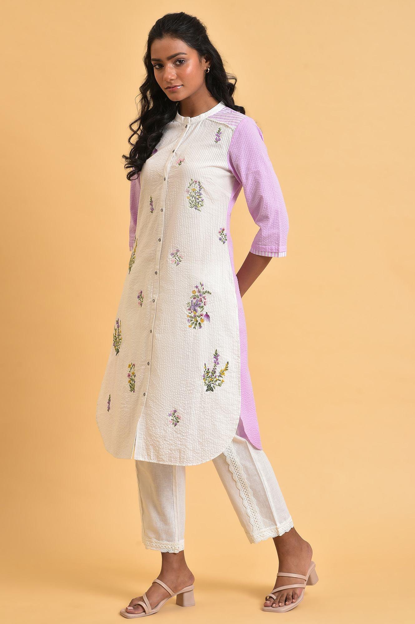 White and Light Purple Textured Cotton Embroidered Summer Kurta - Image 3