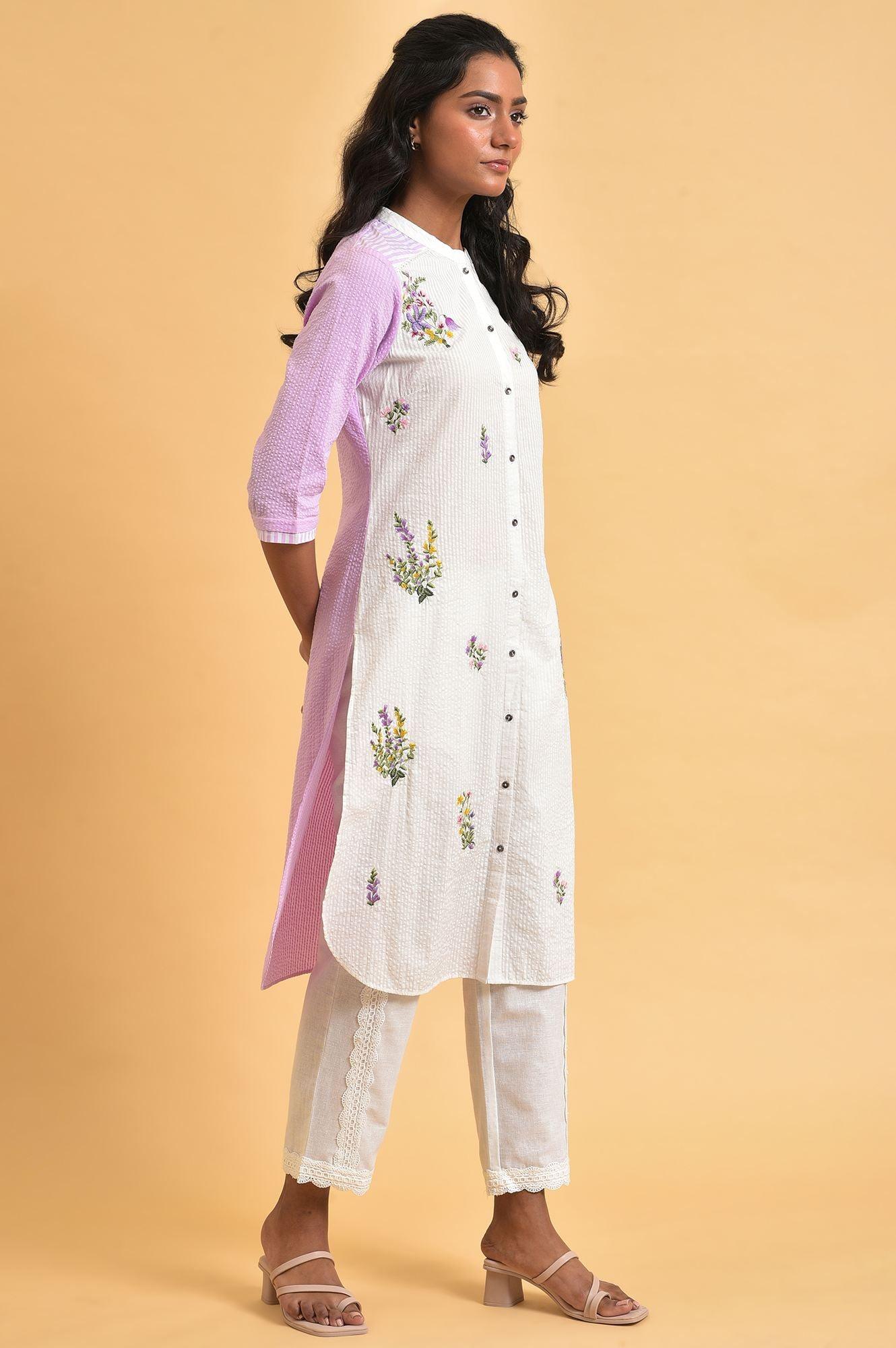 White and Light Purple Textured Cotton Embroidered Summer Kurta - Image 4