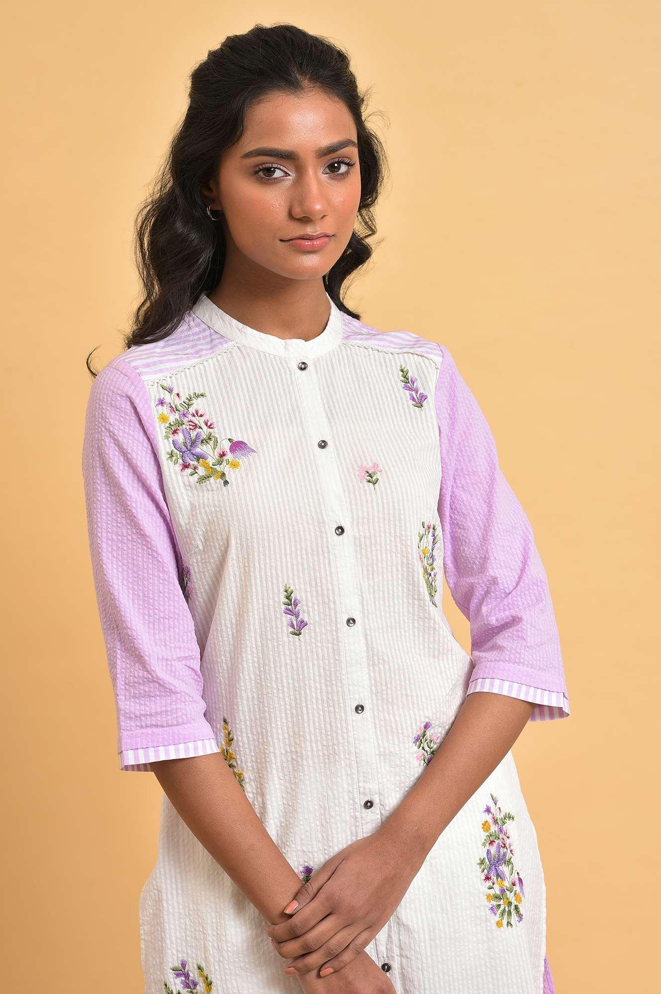 White and Light Purple Textured Cotton Embroidered Summer Kurta - Image 5
