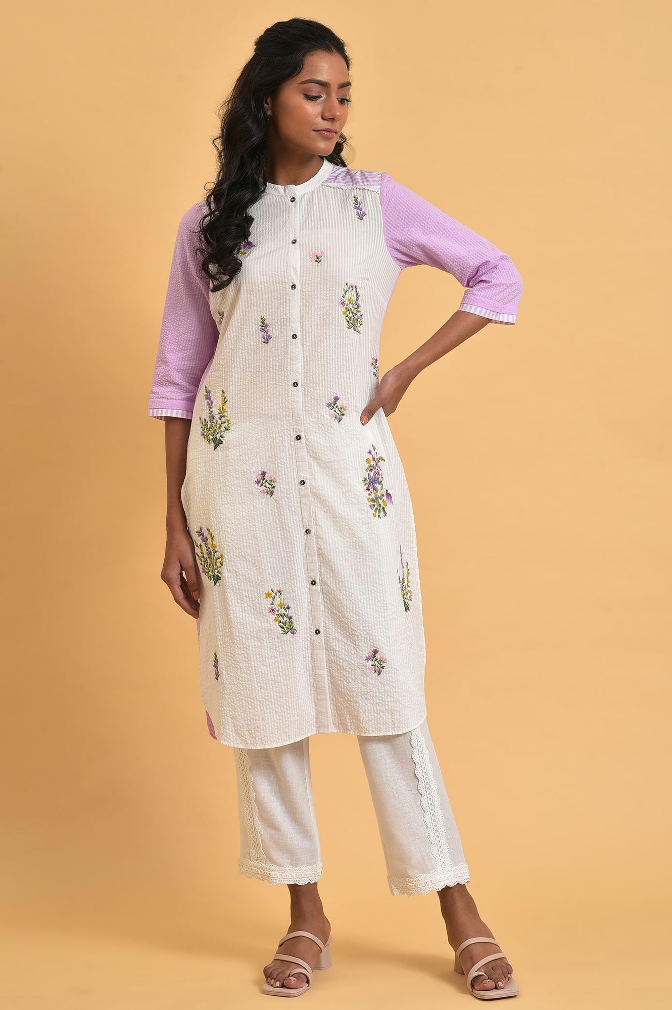 White and Light Purple Textured Cotton Embroidered Summer Kurta - Image 6