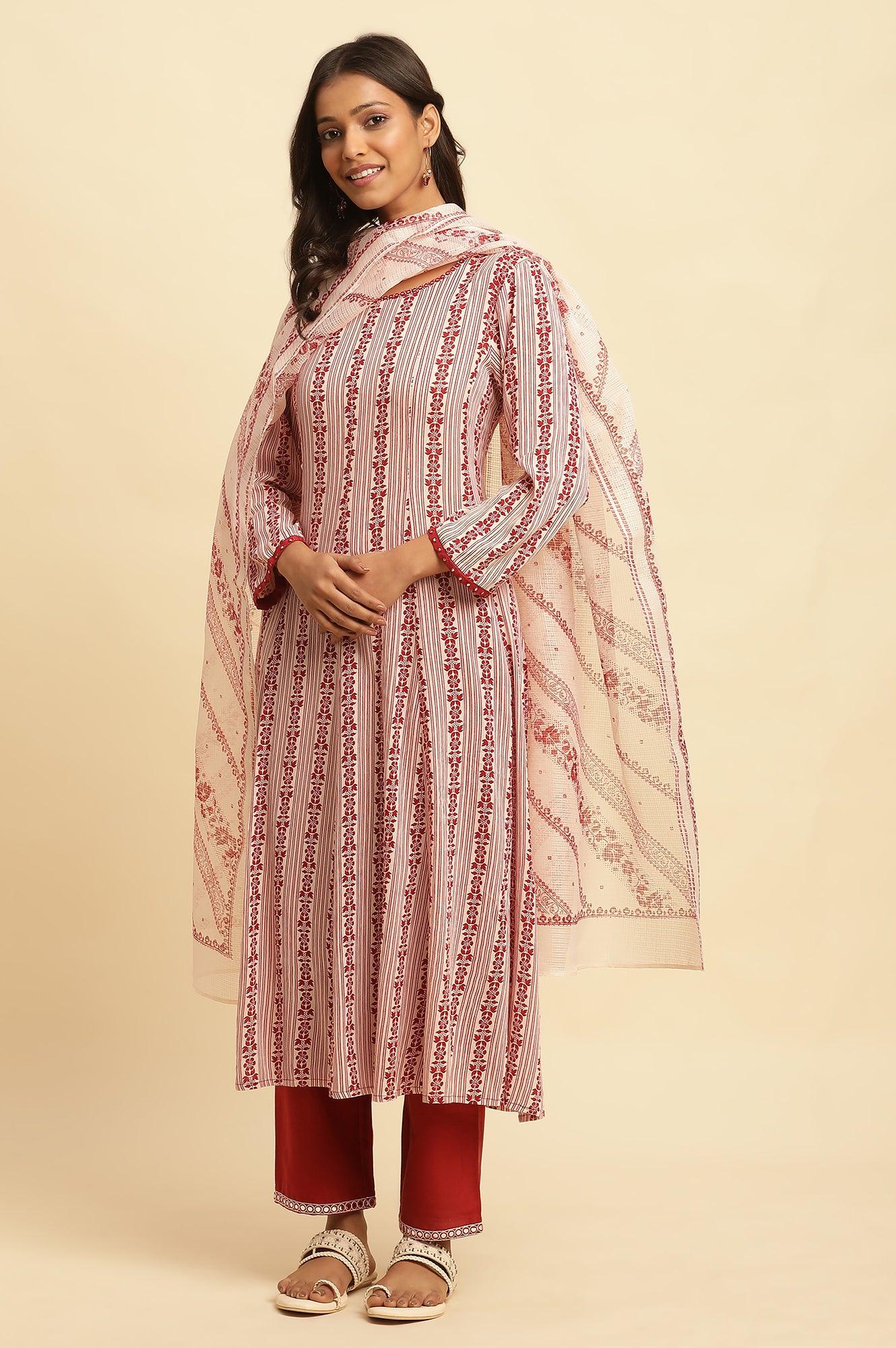 White And Red Printed Kota Dupatta - Image 3