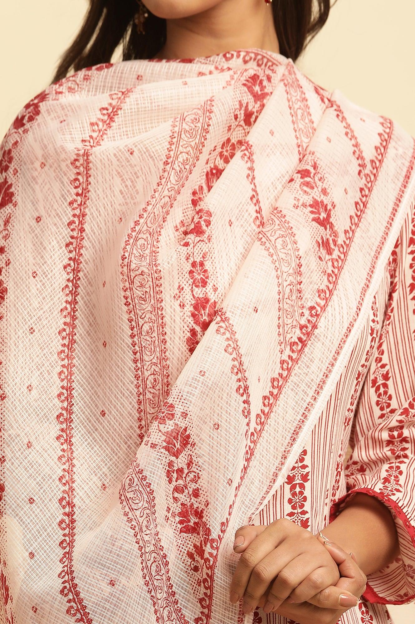 White And Red Printed Kota Dupatta - Image 4